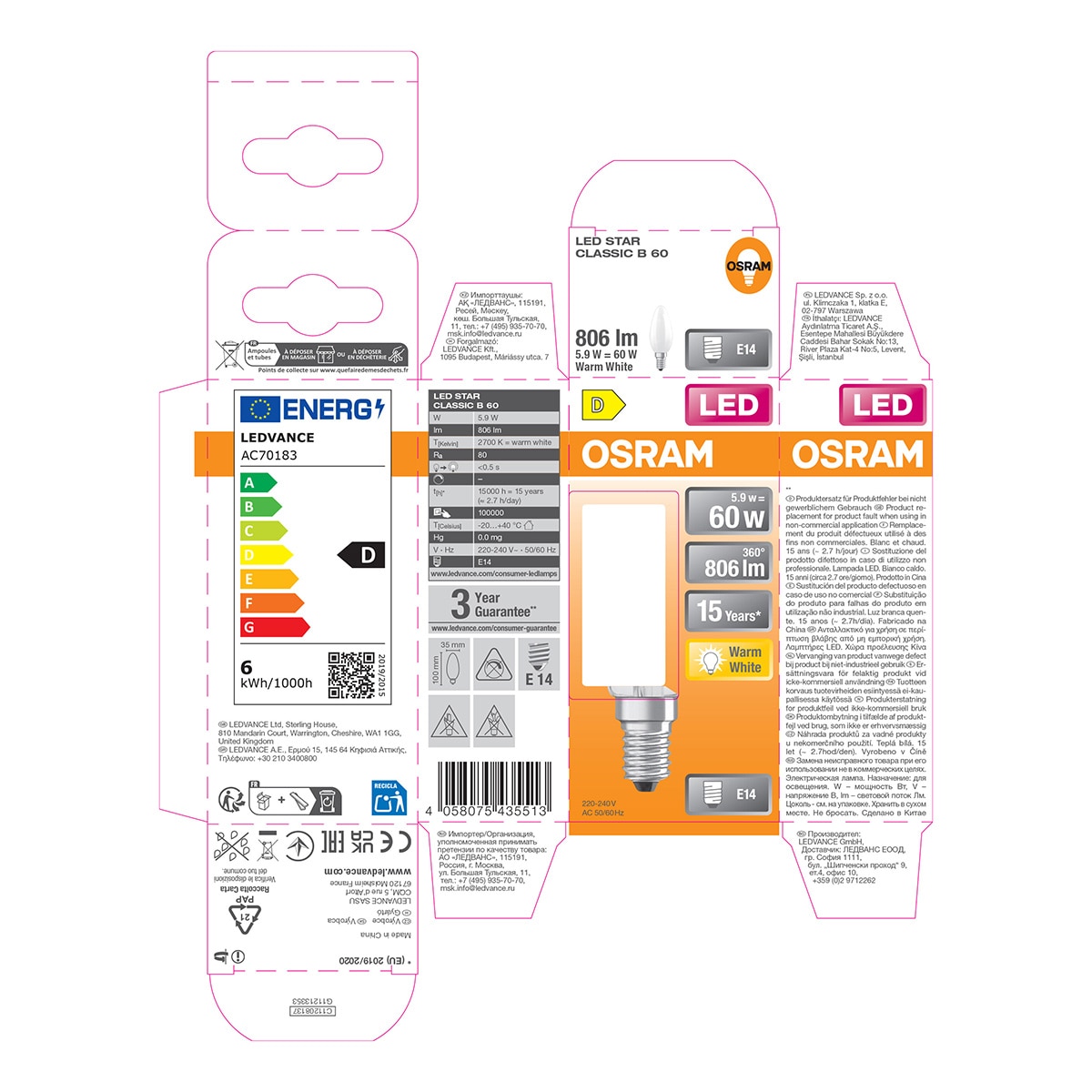 Bombilla LED Vela Cristal Mate E14 5,5W Luz Cálida Osram Blanco-5