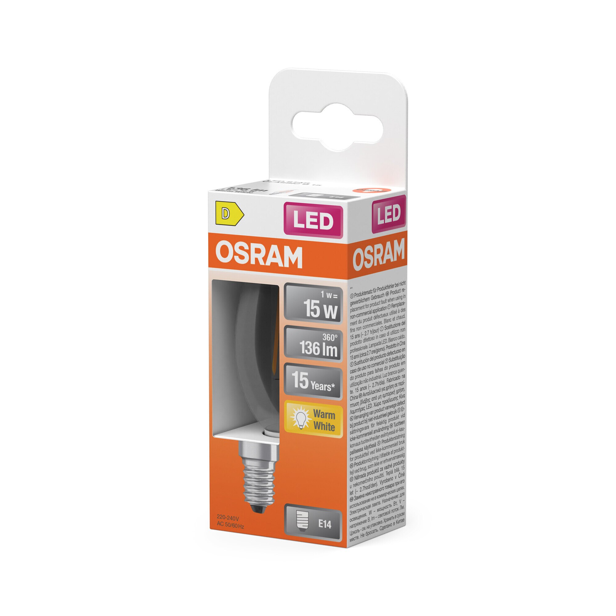 Bombilla LED Vela Cristal Filamento E14 1,5W Luz Cálida Osram Transparente-3
