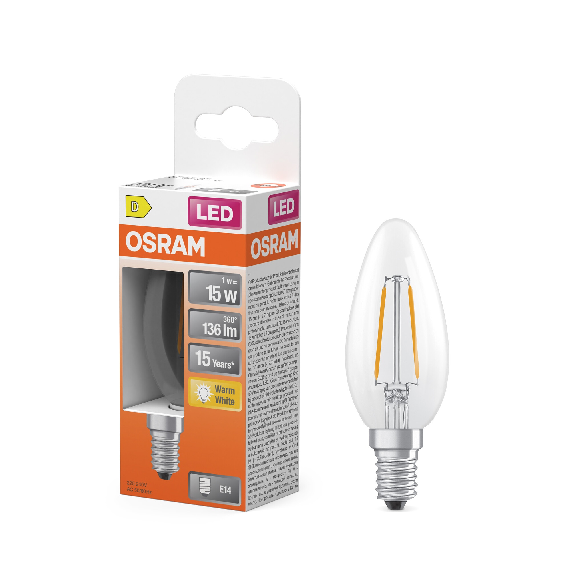 Bombilla LED Vela Cristal Filamento E14 1,5W Luz Cálida Osram Transparente-5