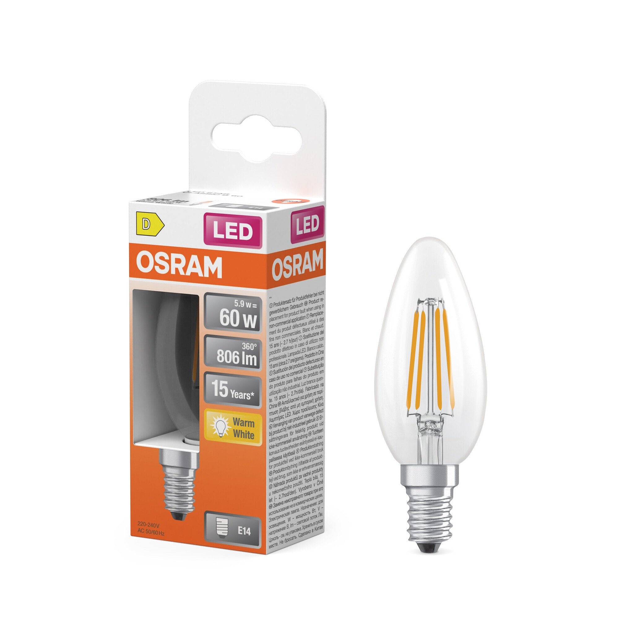 Bombilla LED Vela Cristal Filamento E14 5,5W Luz Cálida Osram Transparente-6