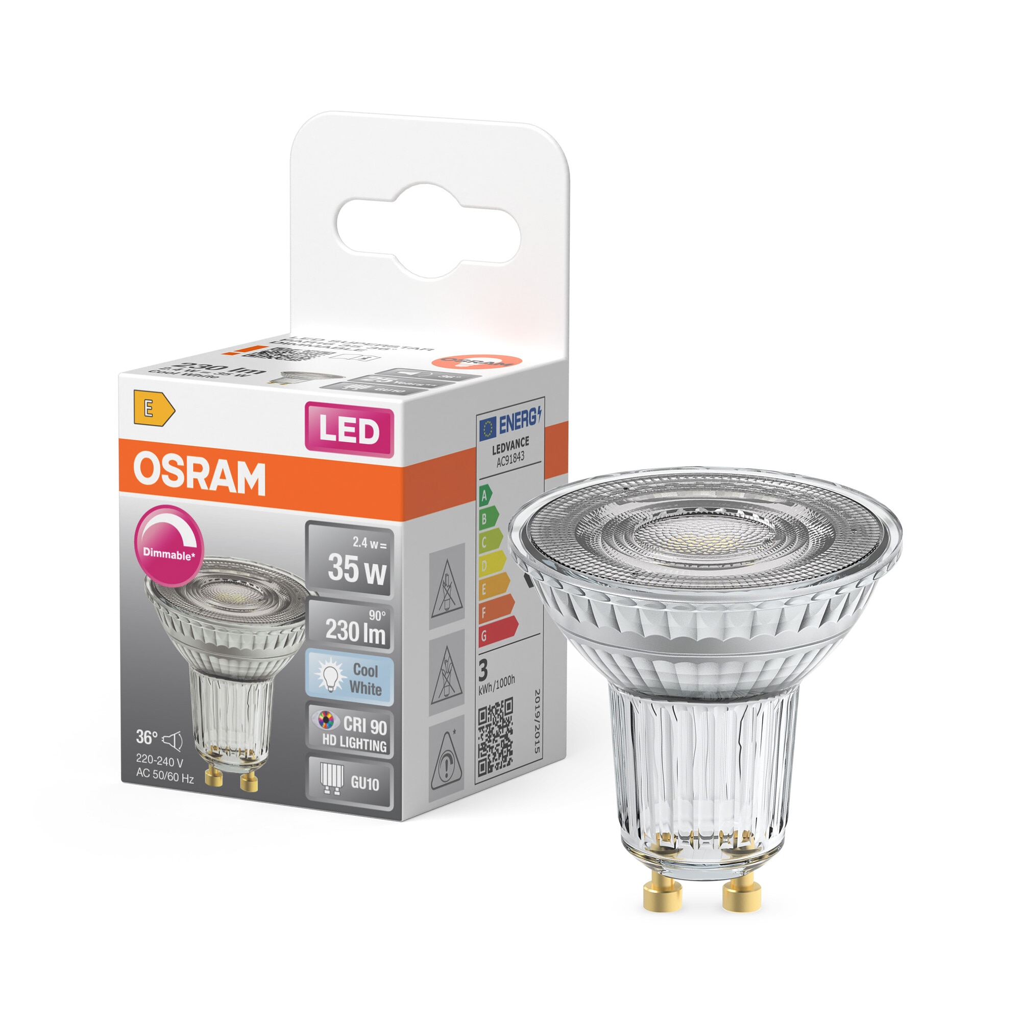 Lâmpada LED Spot PAR16 de 2,4 W, Luz Neutra Regulável, 36°, GU10 Transparente-5