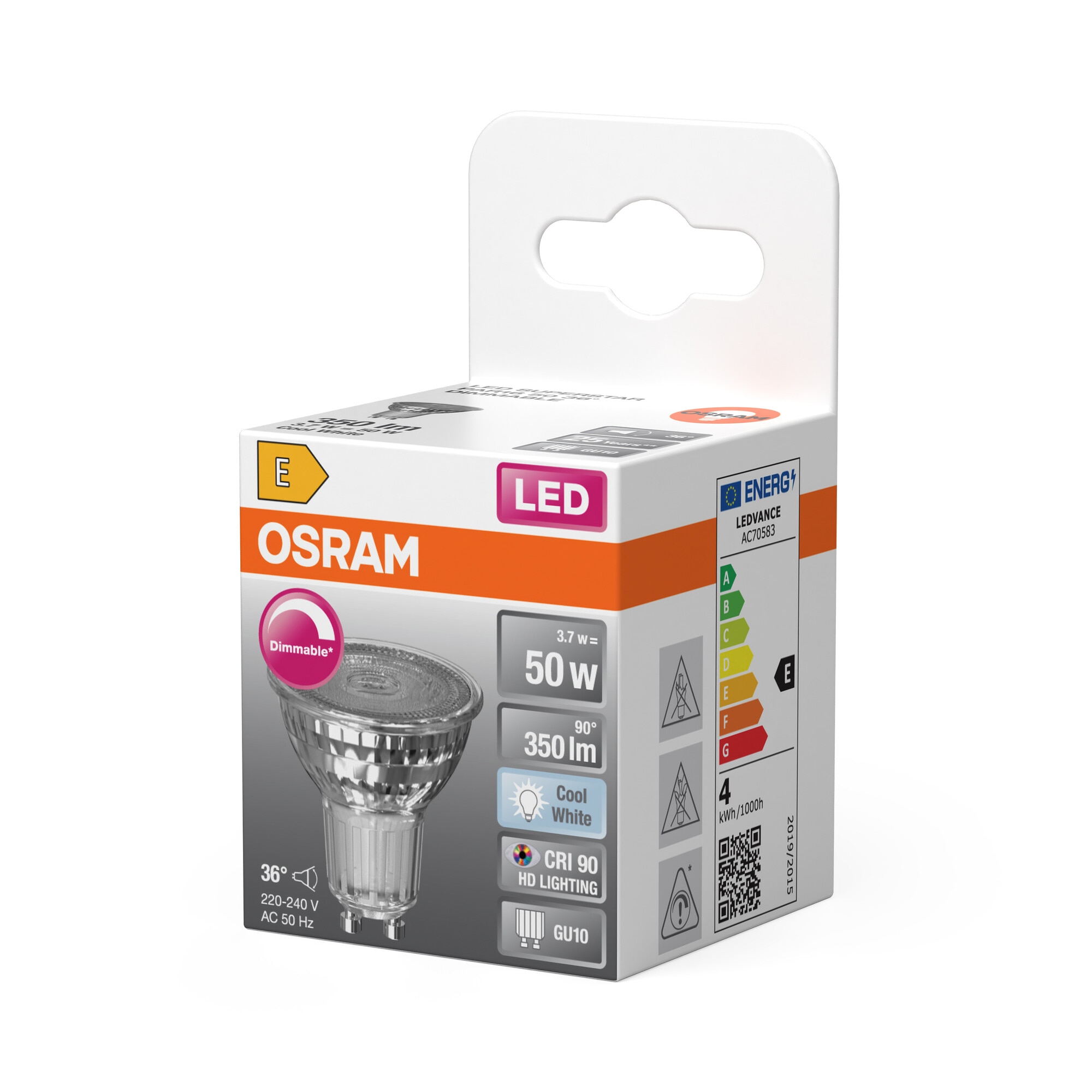 Bombilla LED Spot PAR16 3,7W Luz Neutra Regulable 36º GU10 Transparente-3