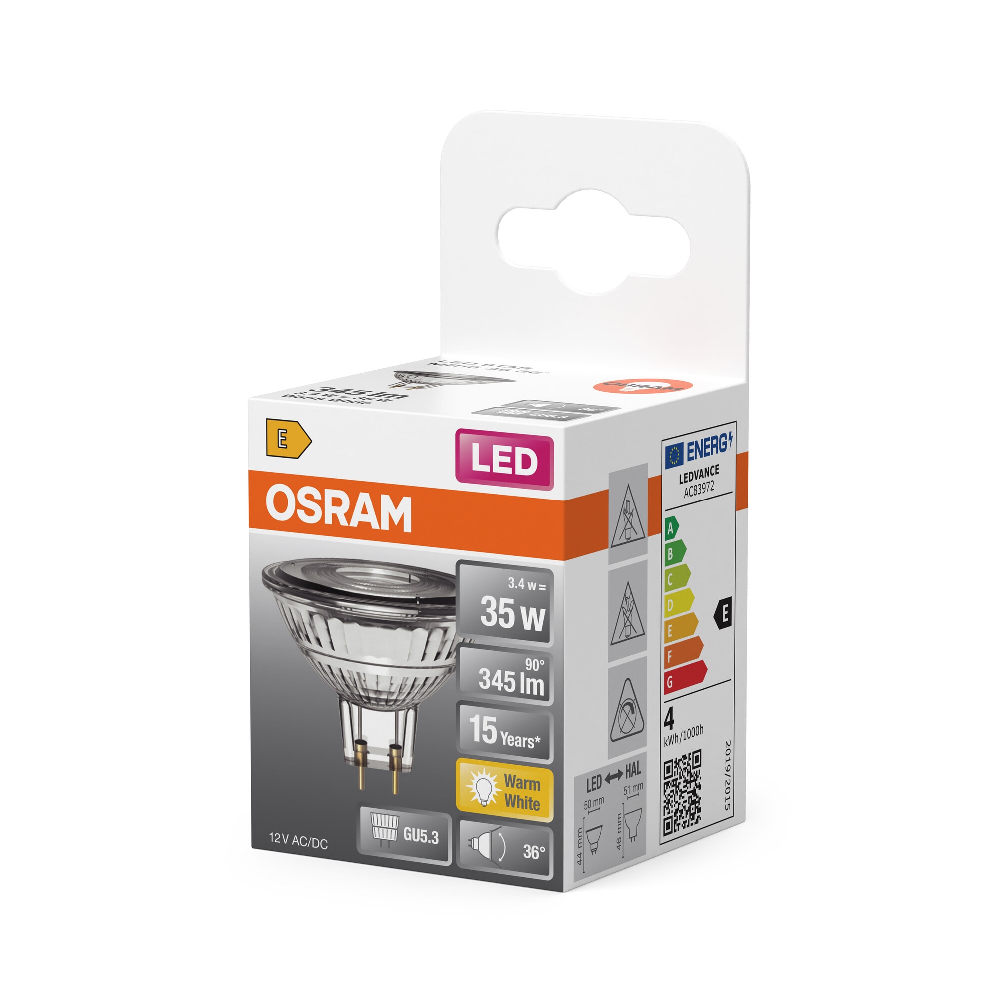 Lâmpada LED Spot MR16 de 3,4 W, Luz Quente, 36º, GU5.3 Transparente-3