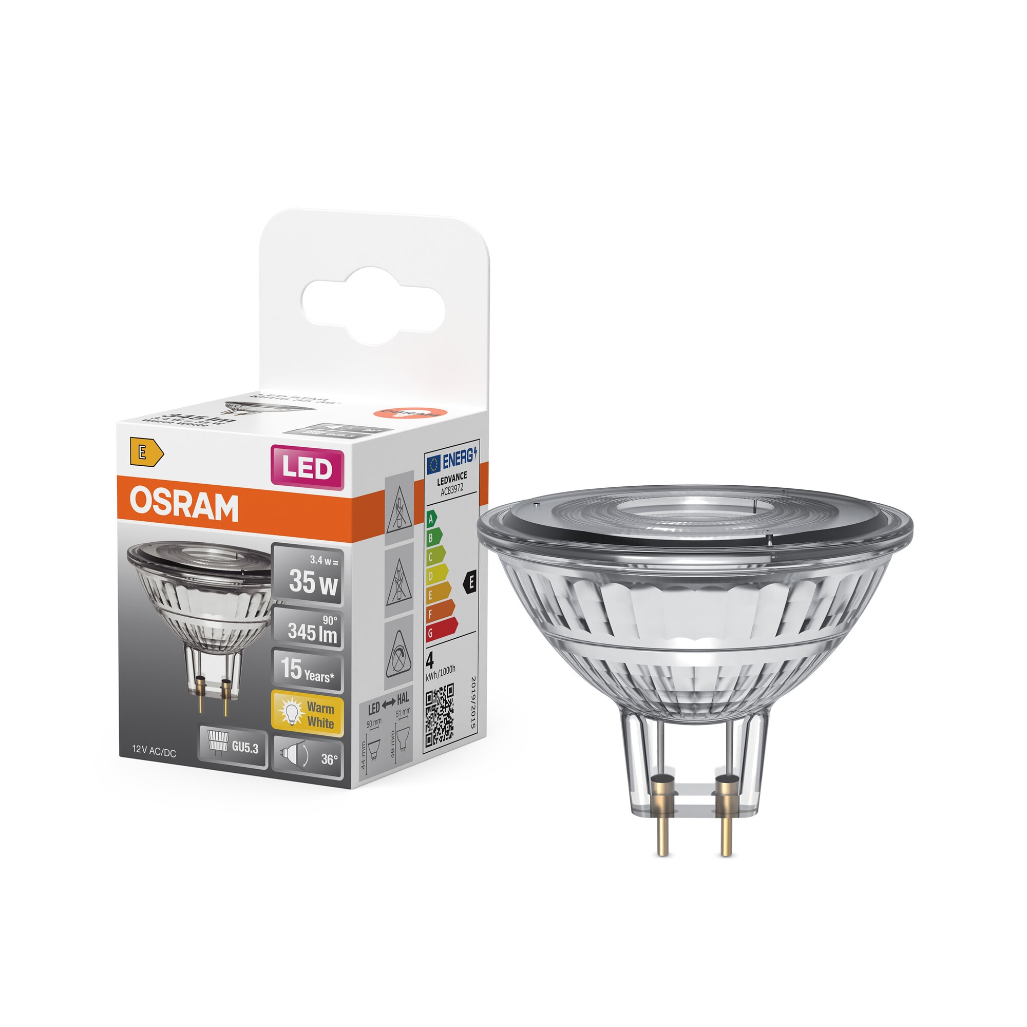 Lâmpada LED Spot MR16 de 3,4 W, Luz Quente, 36º, GU5.3 Transparente-5
