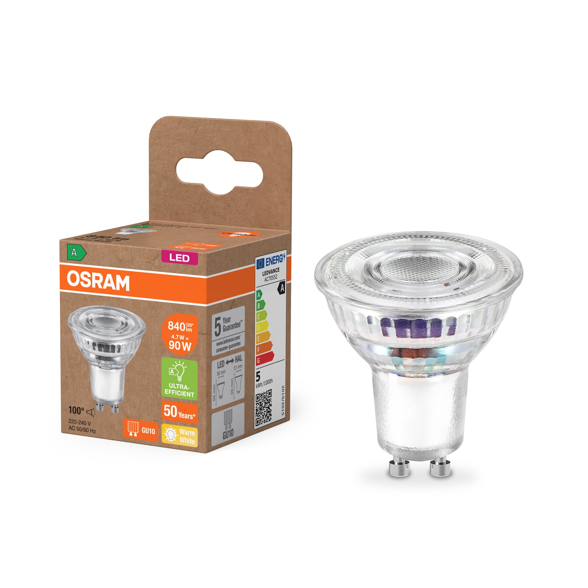 Bombilla LED Spot PAR16 4,7W 2700K GU10 100º (Efic. Energética A) Transparente-5