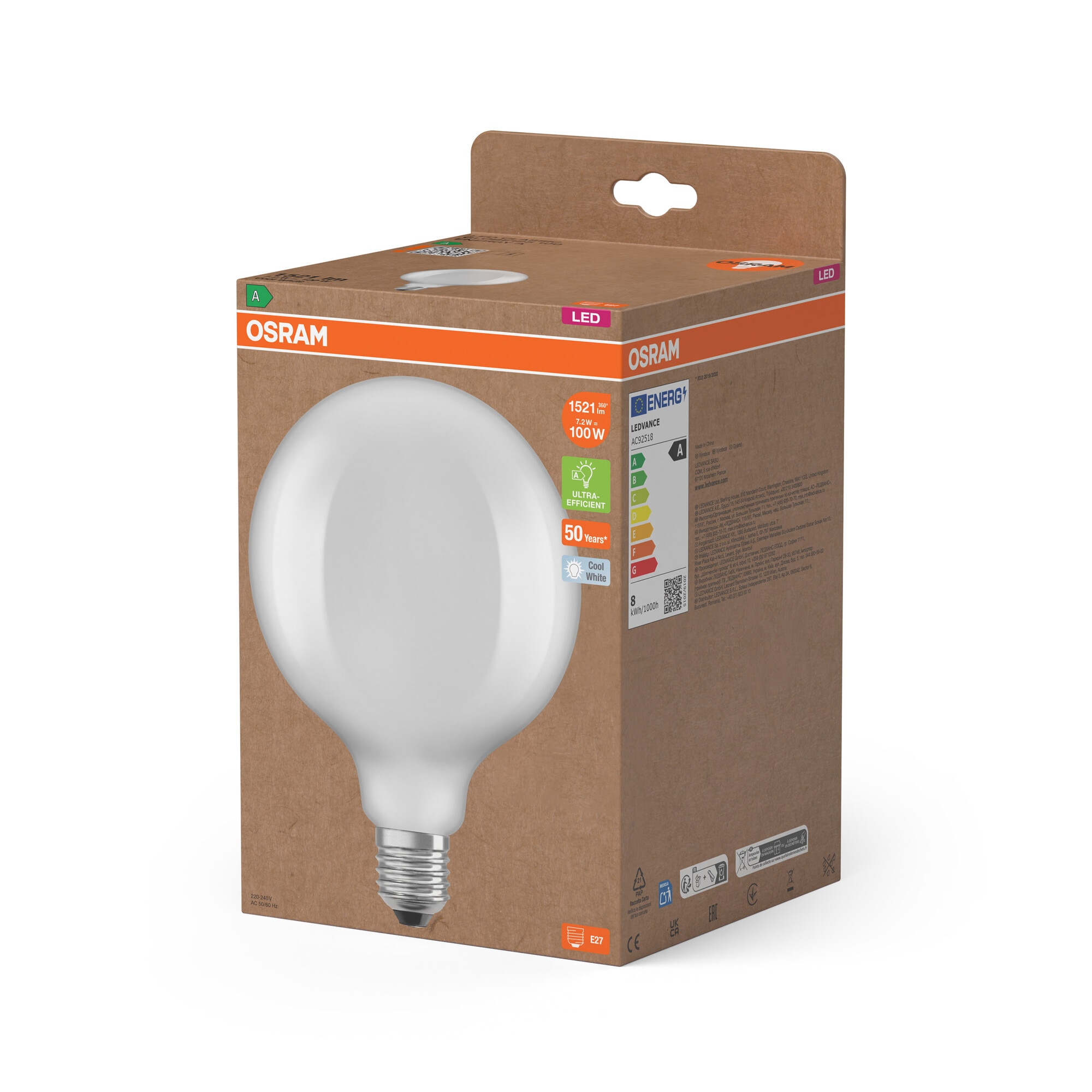 Lâmpada LED Globo 125 Vidro Matte 7.2W 4000K E27 (Efic. Energia A) Branco-3