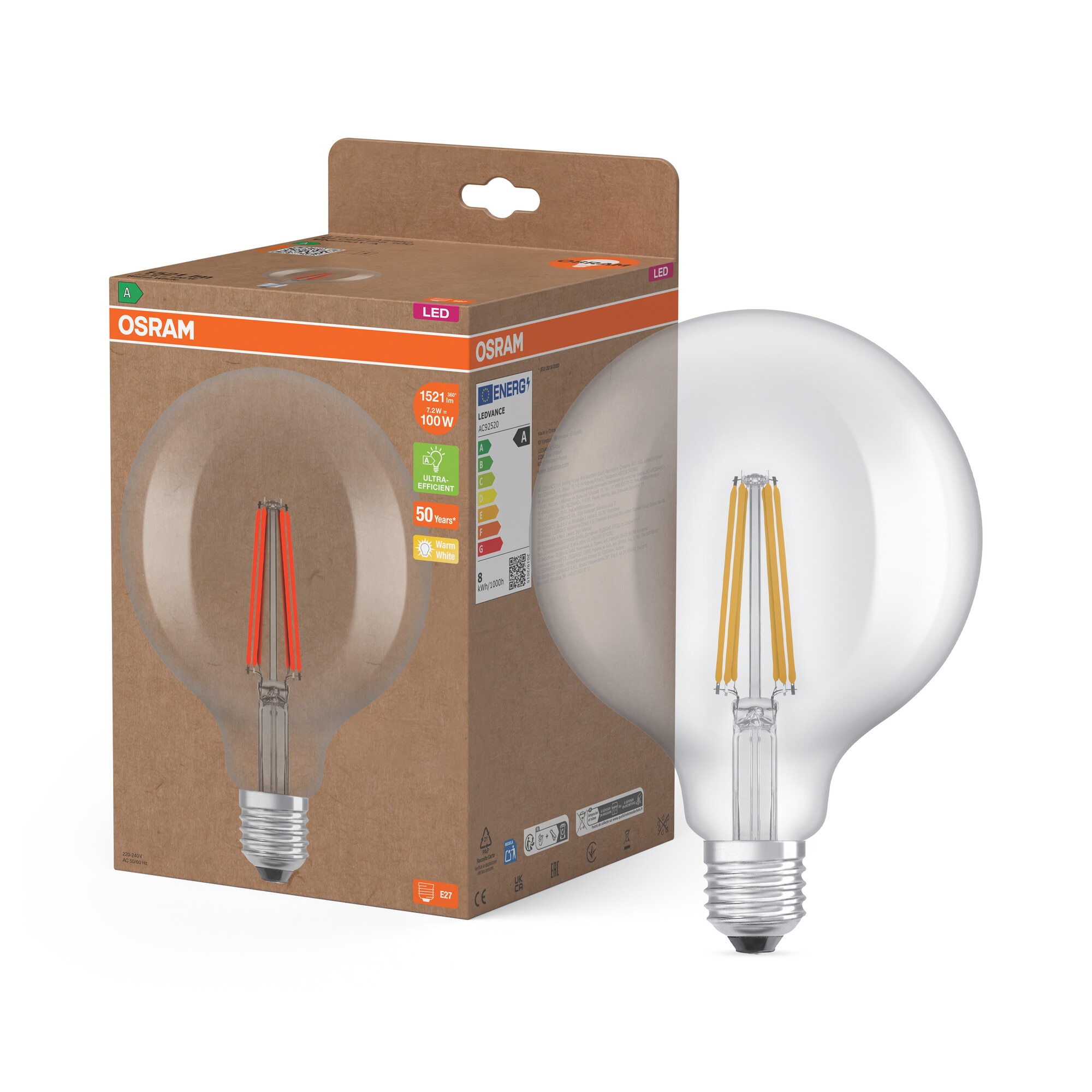 Bombilla LED Globo 125 Cristal Filamento 7,2W 2700K E27 (Efic. Energética A) Transparente-5