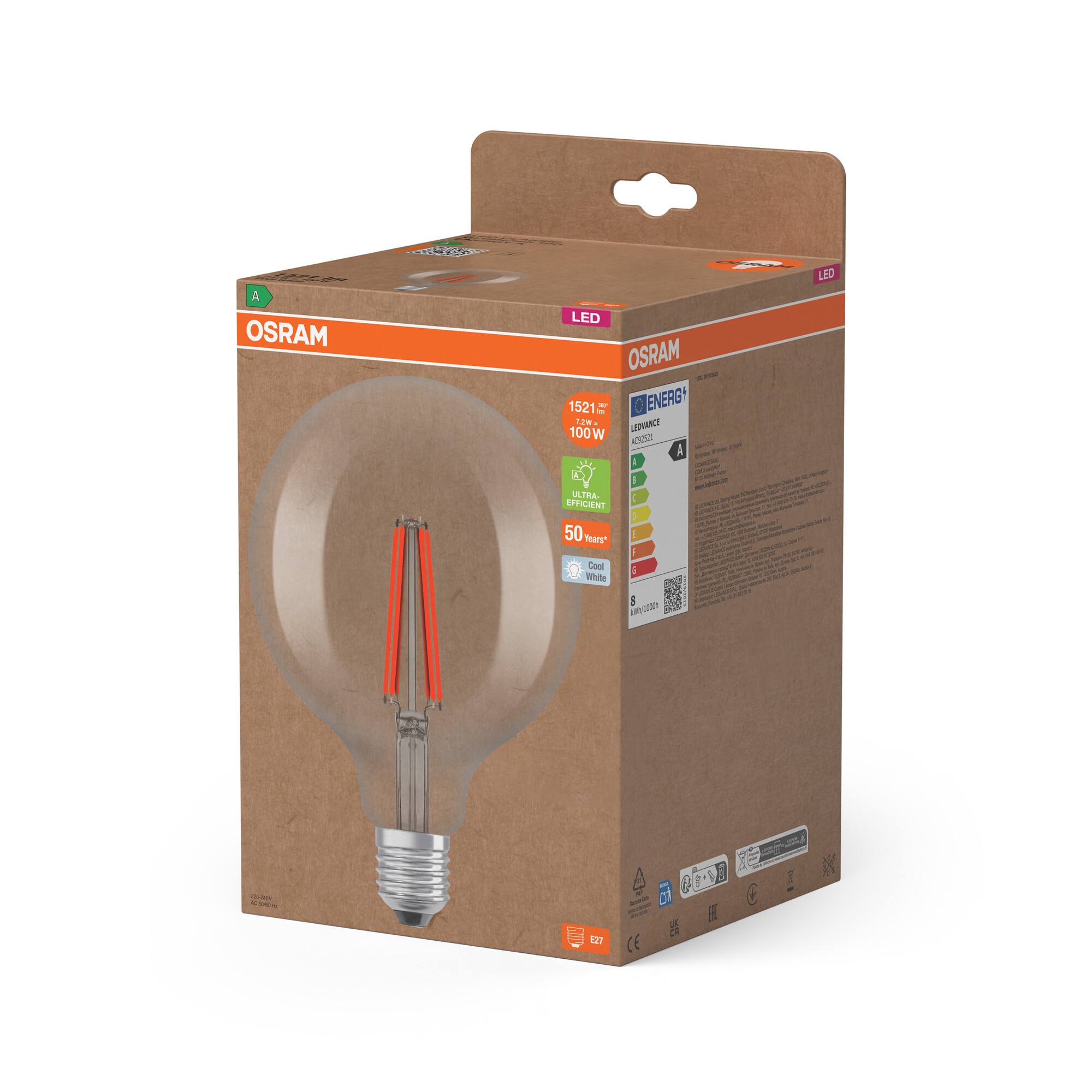 Bombilla LED Globo 125 Cristal Filamento 7,2W 4000K E27 (Efic. Energética A) Transparente-3