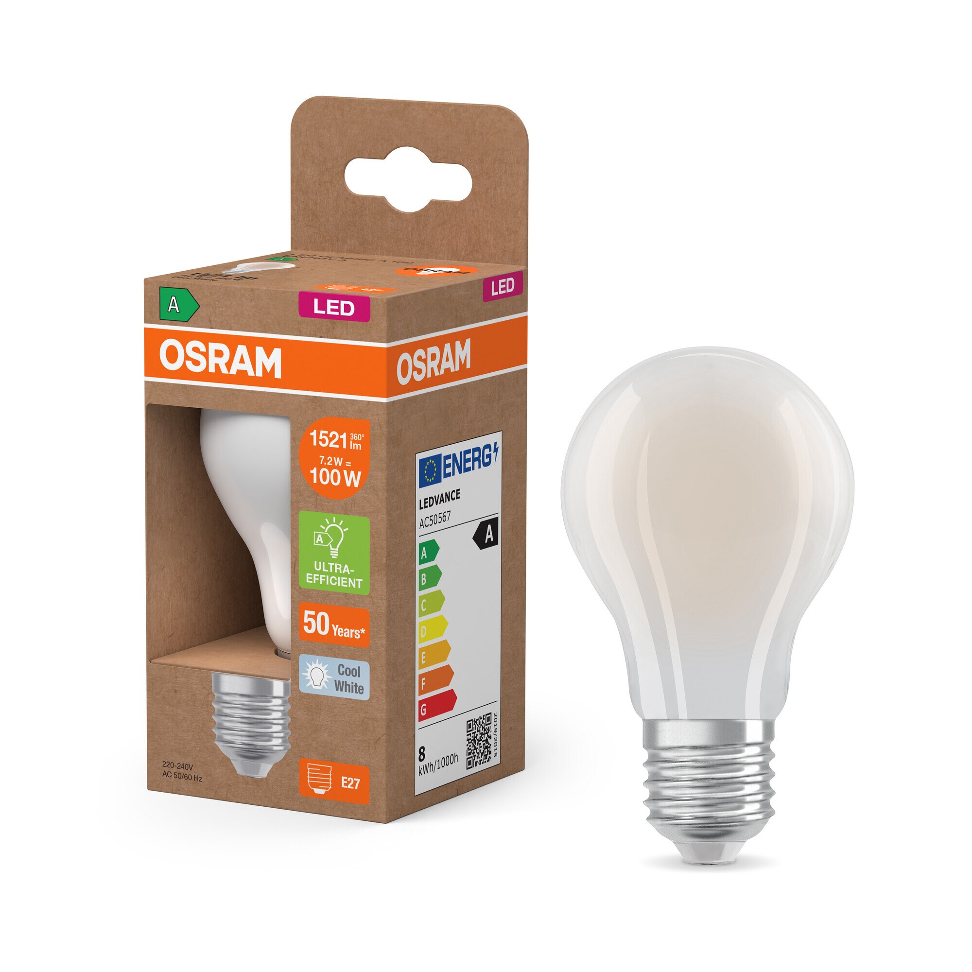 Bombilla LED Estándar Cristal Mate 7,2W 4000K E27 (Efic. Energética A) Blanco-5