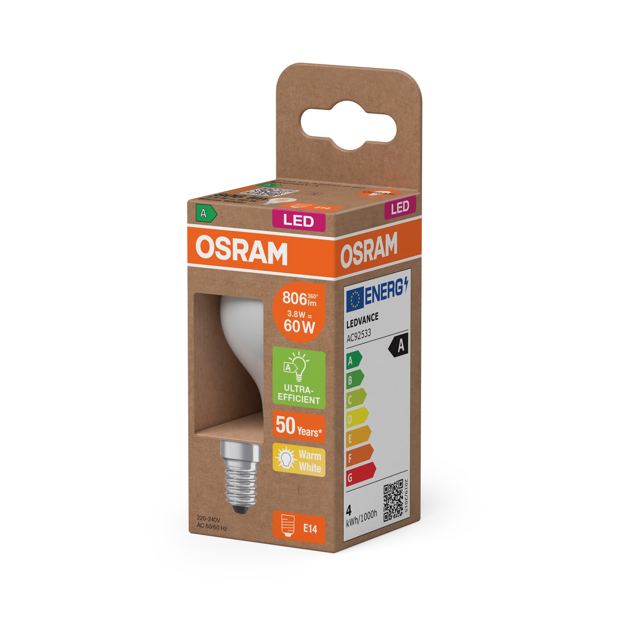Lâmpada LED Standard Vidro Mate 3,8 W 2700 K E14 (Eficiência Energética A) Branco-3