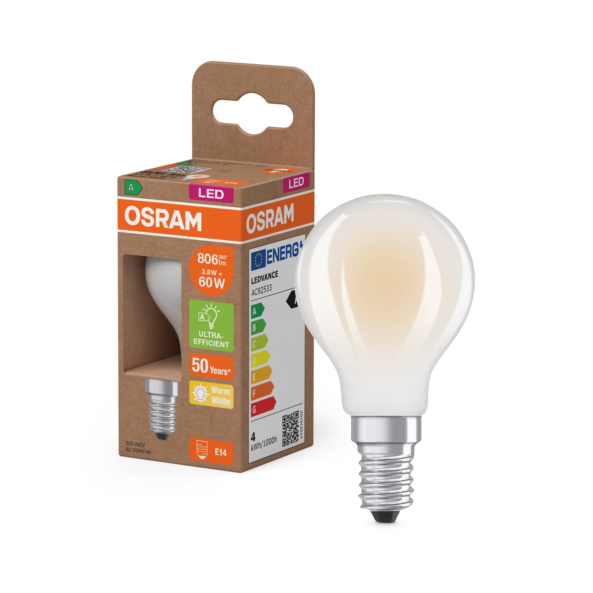 Lâmpada LED Standard Vidro Mate 3,8 W 2700 K E14 (Eficiência Energética A) Branco-5