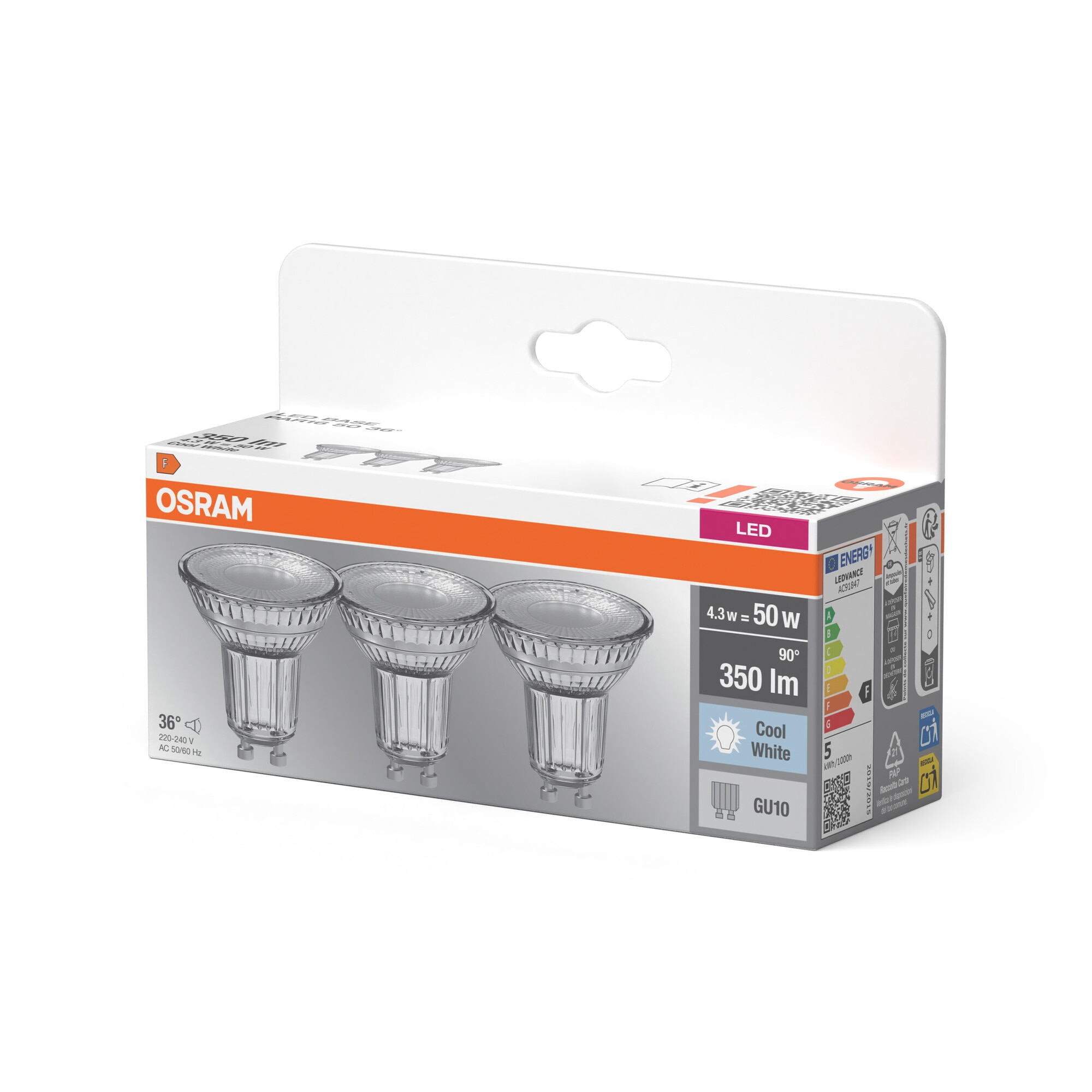 Pack de 3 Bombillas LED Reflectoras GU10 4.3W 4000K 36º Osram Transparente-3