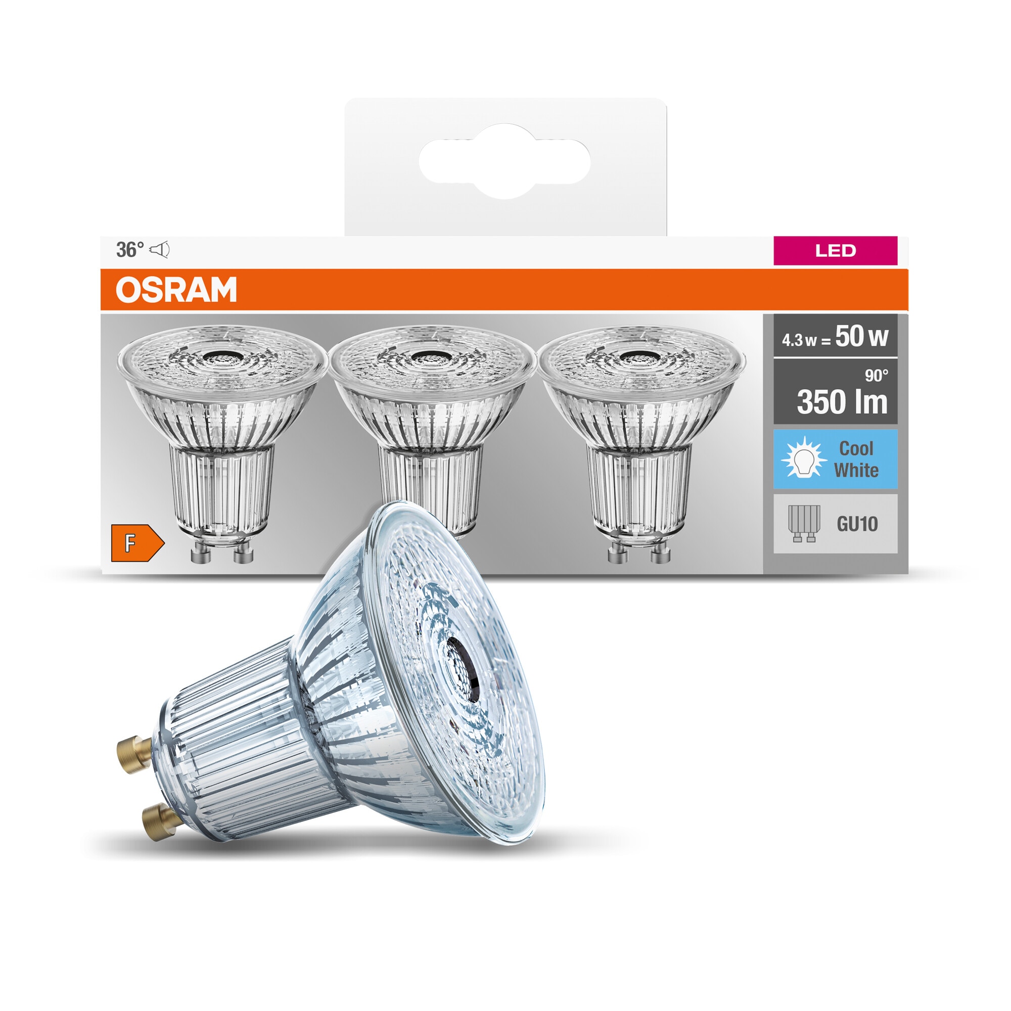Pack de 3 Bombillas LED Reflectoras GU10 4.3W 4000K 36º Osram Transparente-6