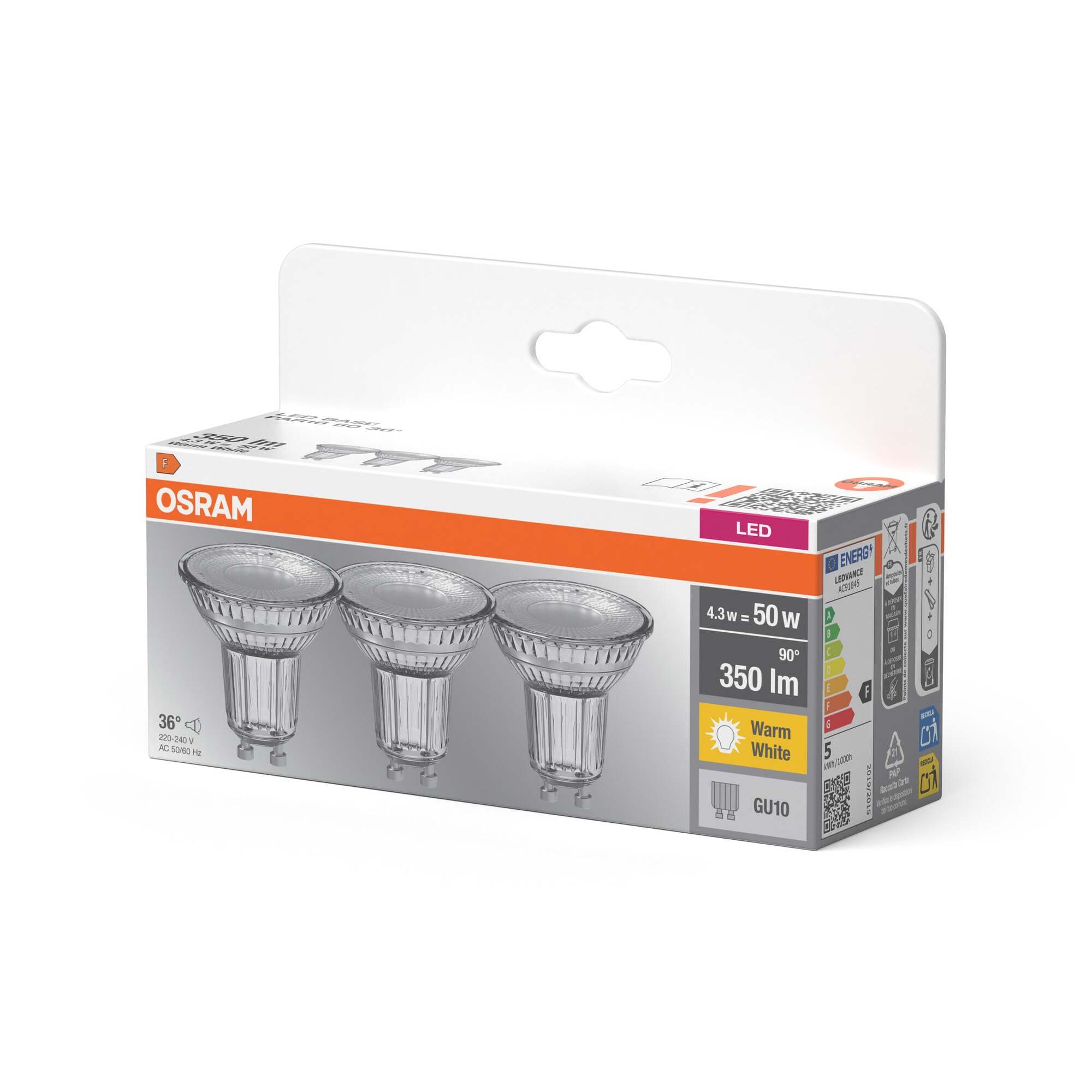 Pack de 3 Bombillas LED Reflectoras GU10 4.3W 2700K 36º Osram Transparente-3