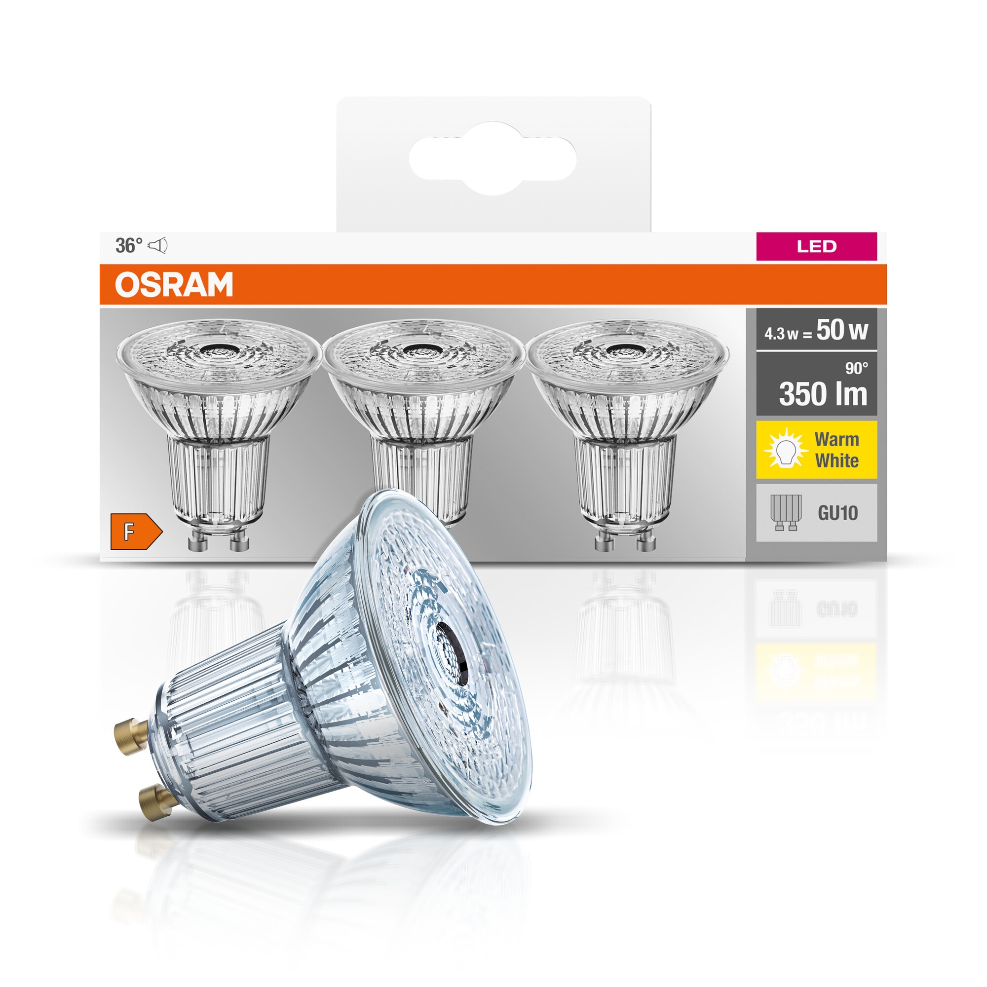 Pack de 3 Bombillas LED Reflectoras GU10 4.3W 2700K 36º Osram Transparente-6