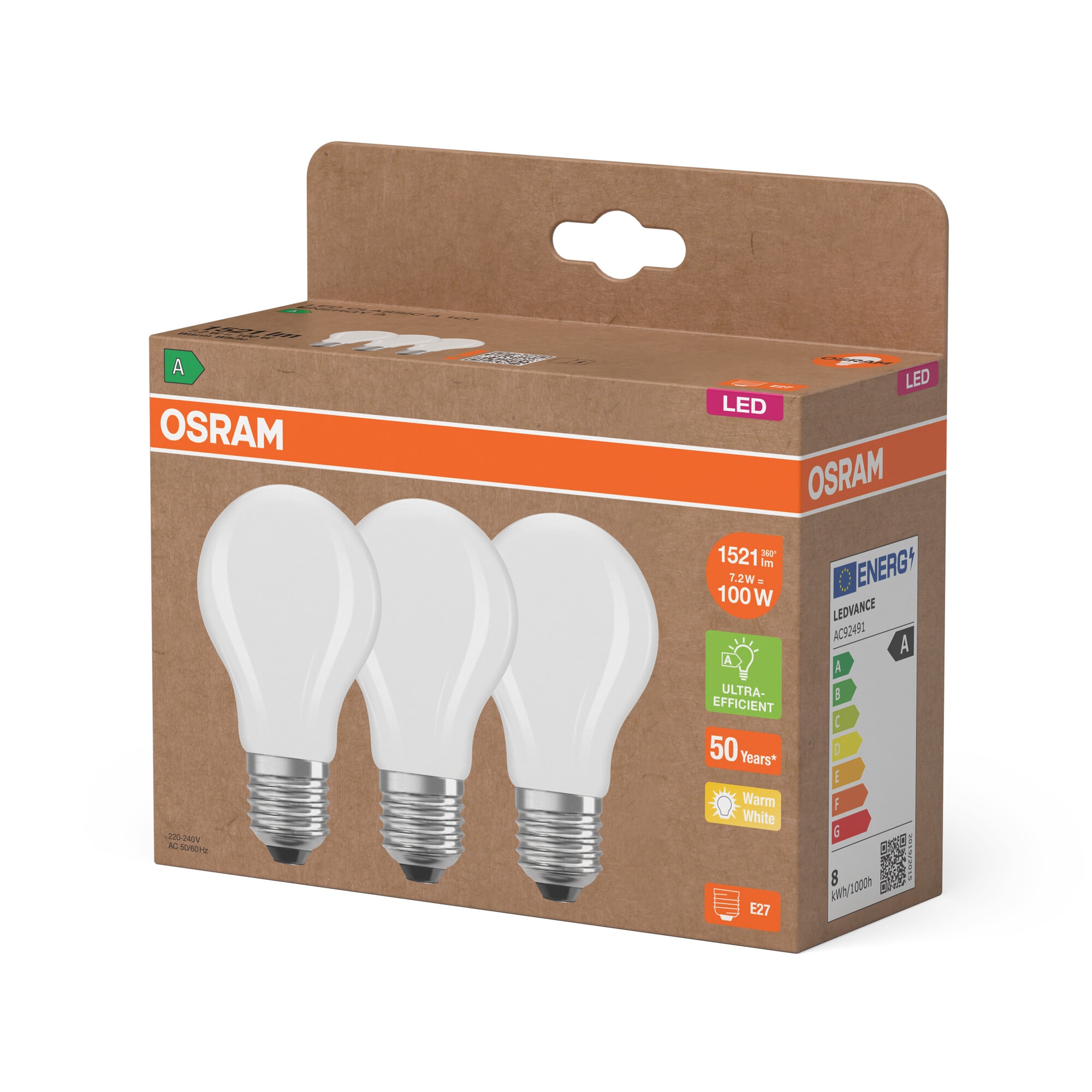 Conjunto de 3 Lâmpadas Standard de Vidro Mate 7,2 W 2700 K E27 (Eficiência Energética Classe A) Branco-3