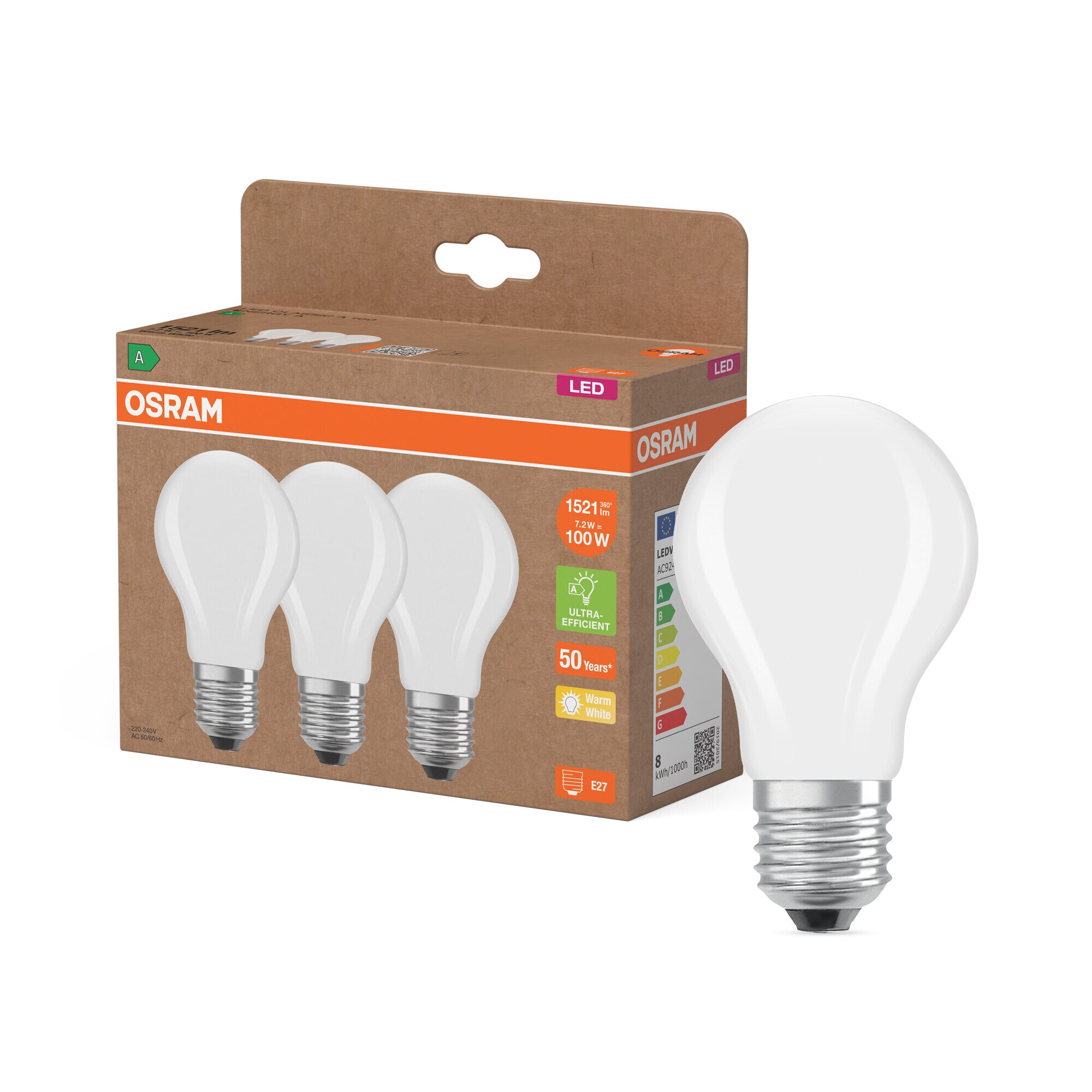 Conjunto de 3 Lâmpadas Standard de Vidro Mate 7,2 W 2700 K E27 (Eficiência Energética Classe A) Branco-5