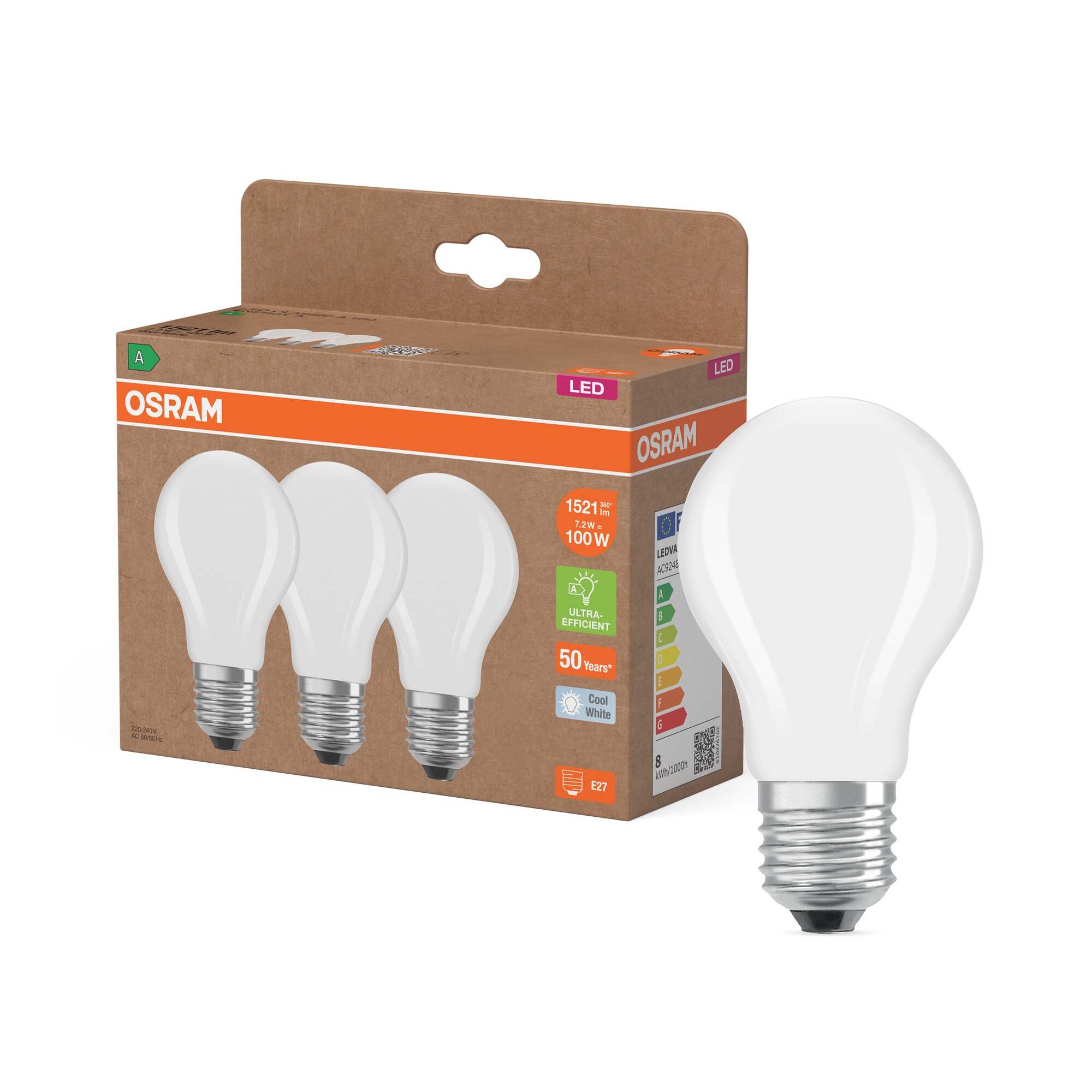 Pack de 3 Bombillas Estándar Cristal Mate 7,2W 4000K E27 (Efic. Energética A) Blanco-5
