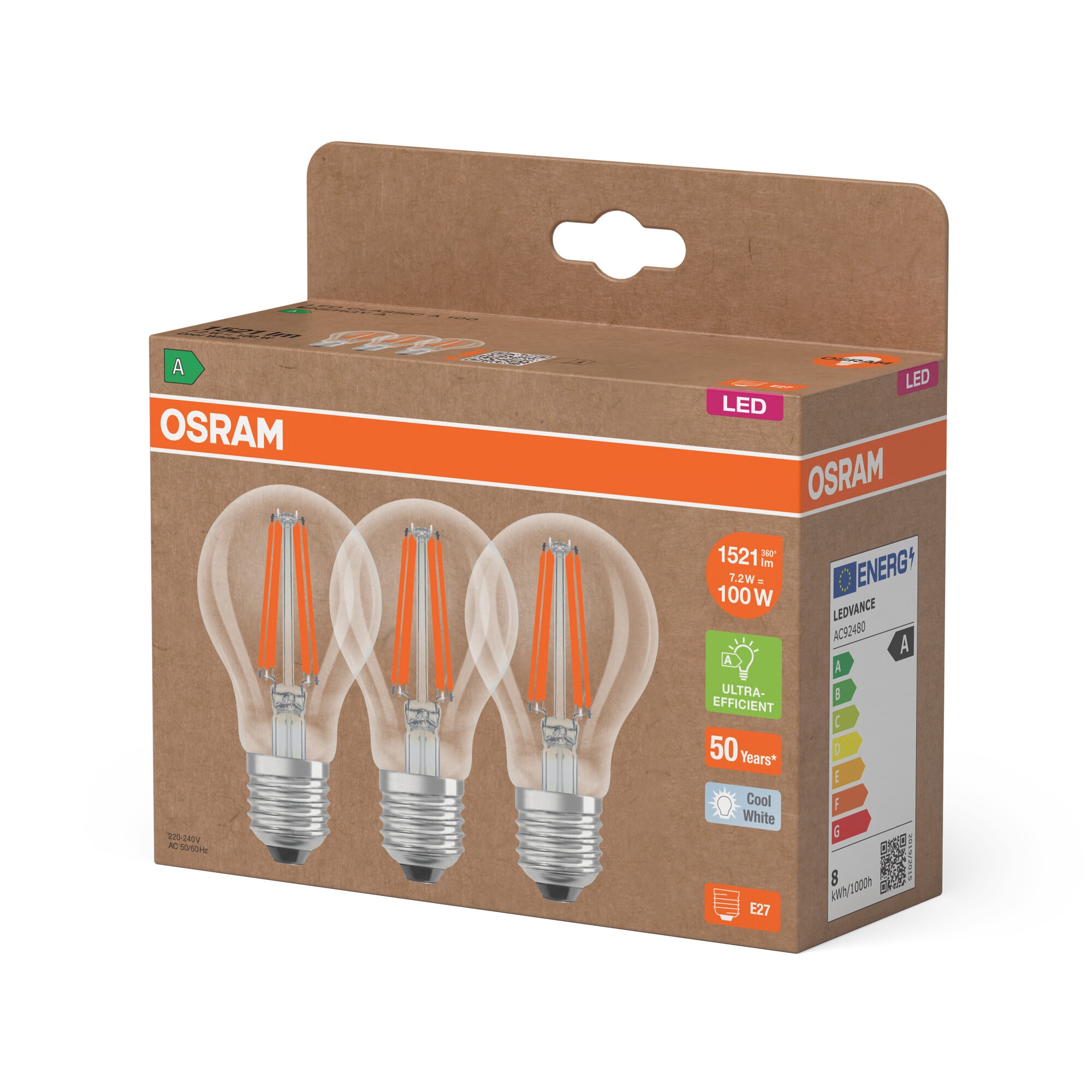 Pack de 3 Bombillas Estándar Cristal Filamento 7,2W 4000K E27 (Efic. Energética A) Transparente-3