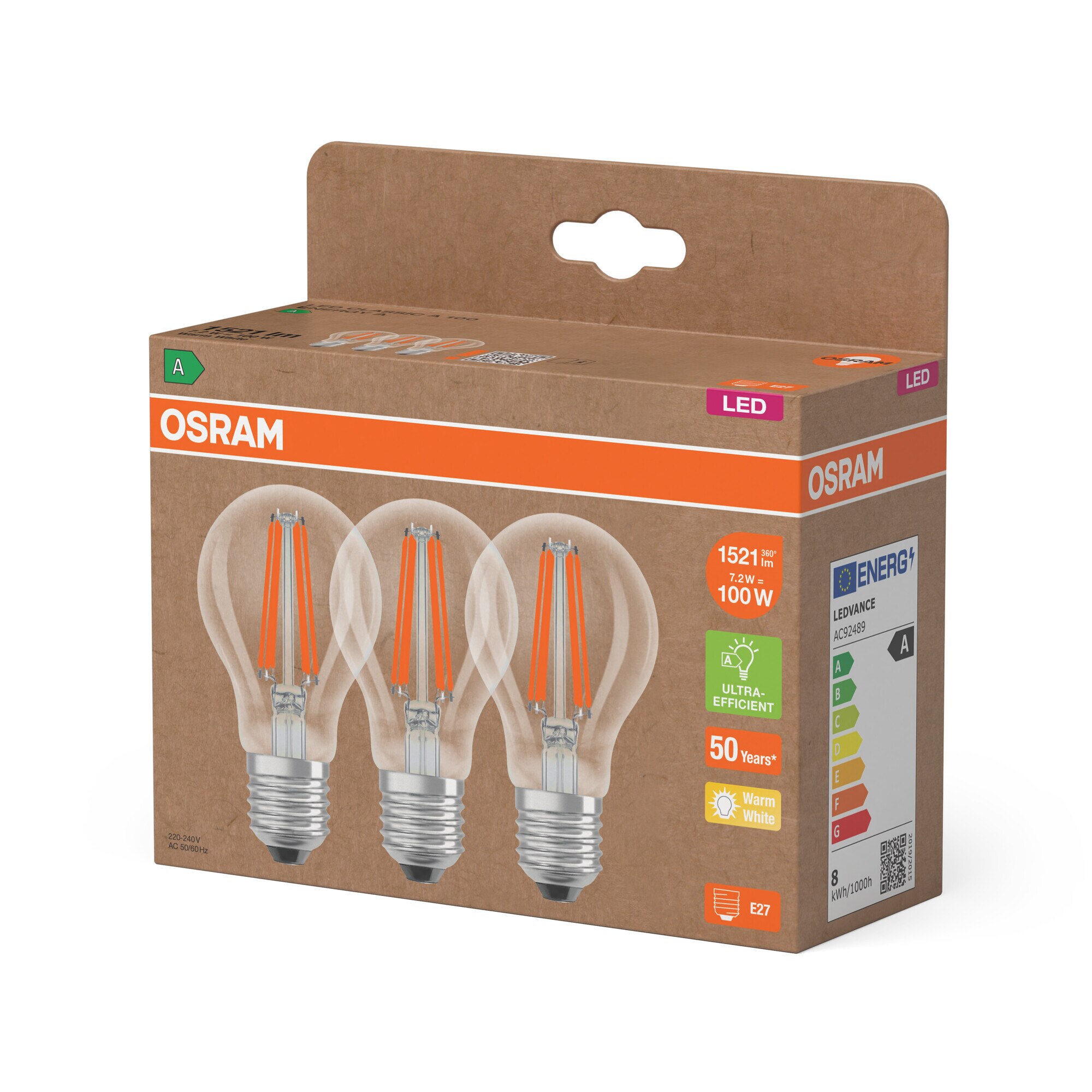 Pack de 3 Bombillas Estándar Cristal Filamento 7,2W 2700K E27 (Efic. Energética A) Transparente-3