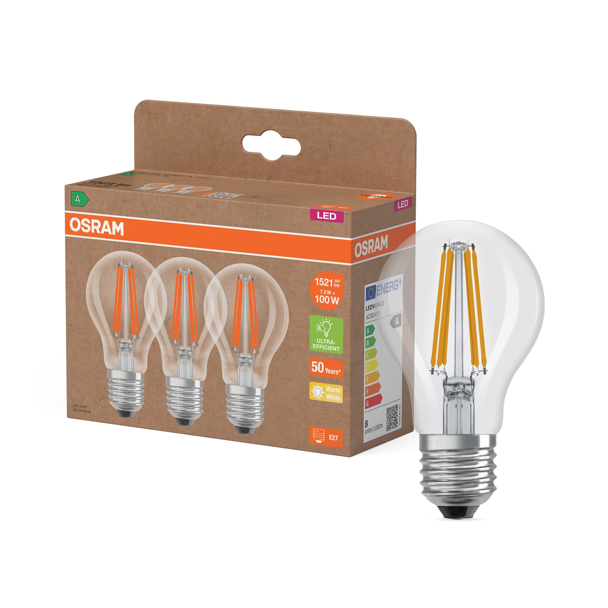Pack de 3 Bombillas Estándar Cristal Filamento 7,2W 2700K E27 (Efic. Energética A) Transparente-5