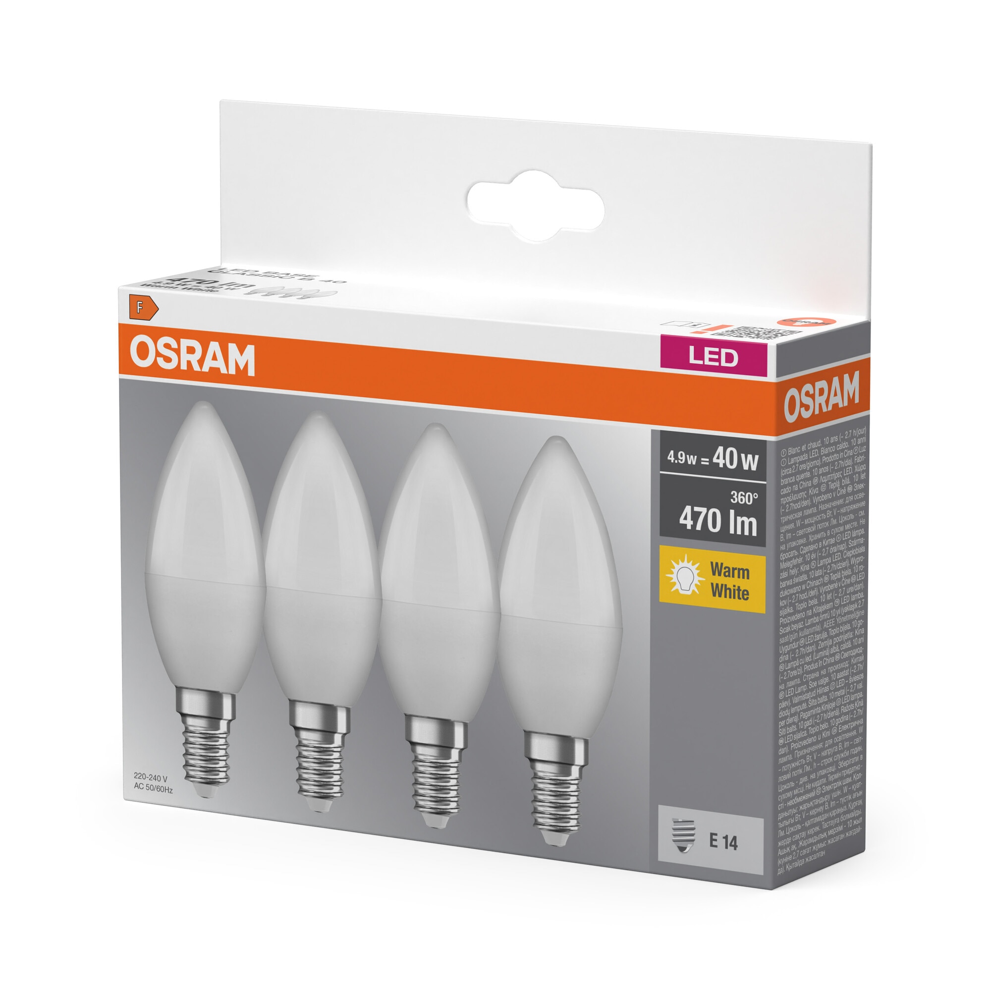 Pack de 4 lâmpadas LED Candle E14 4.9W Warm Light Osram Branco-3