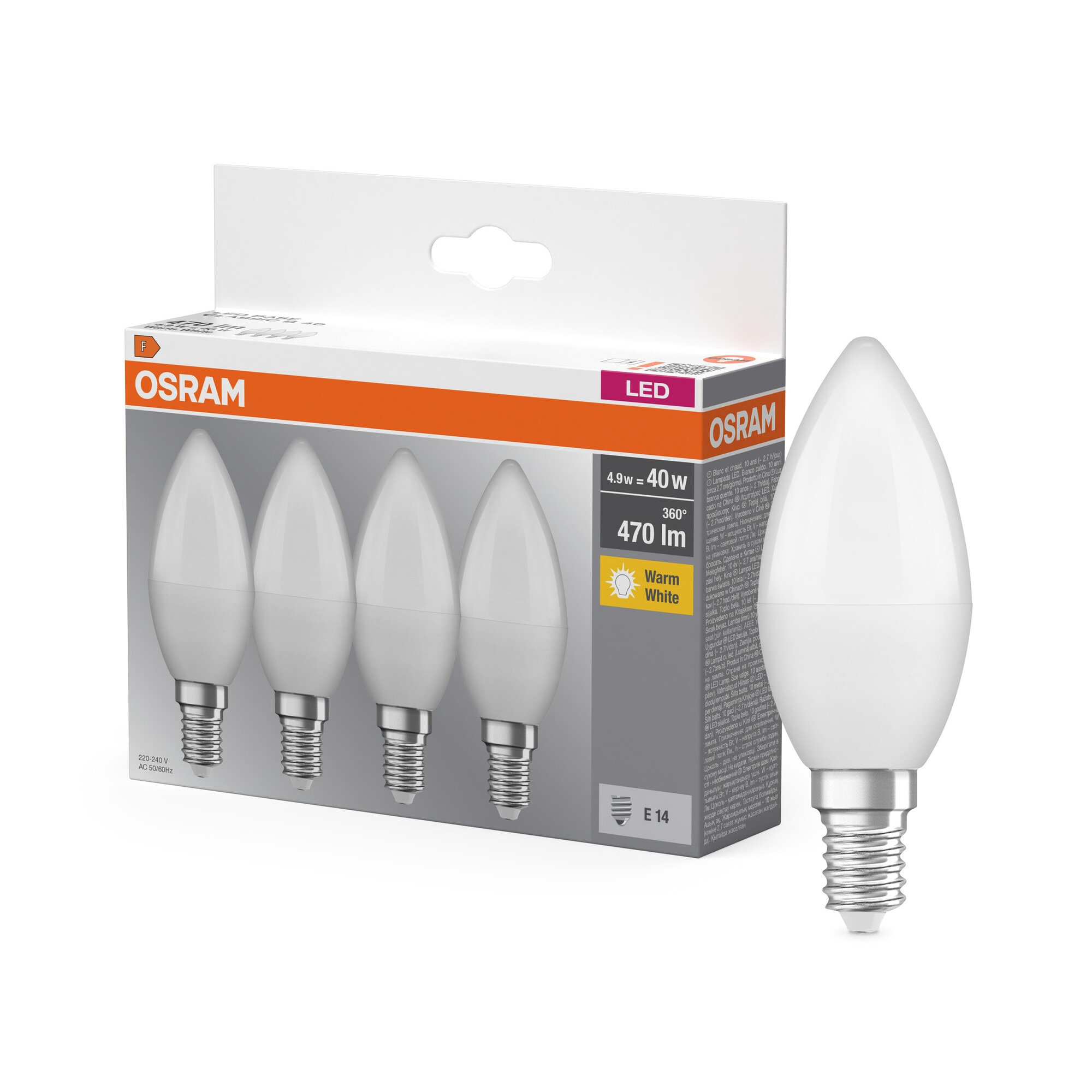 Pack de 4 lâmpadas LED Candle E14 4.9W Warm Light Osram Branco-6