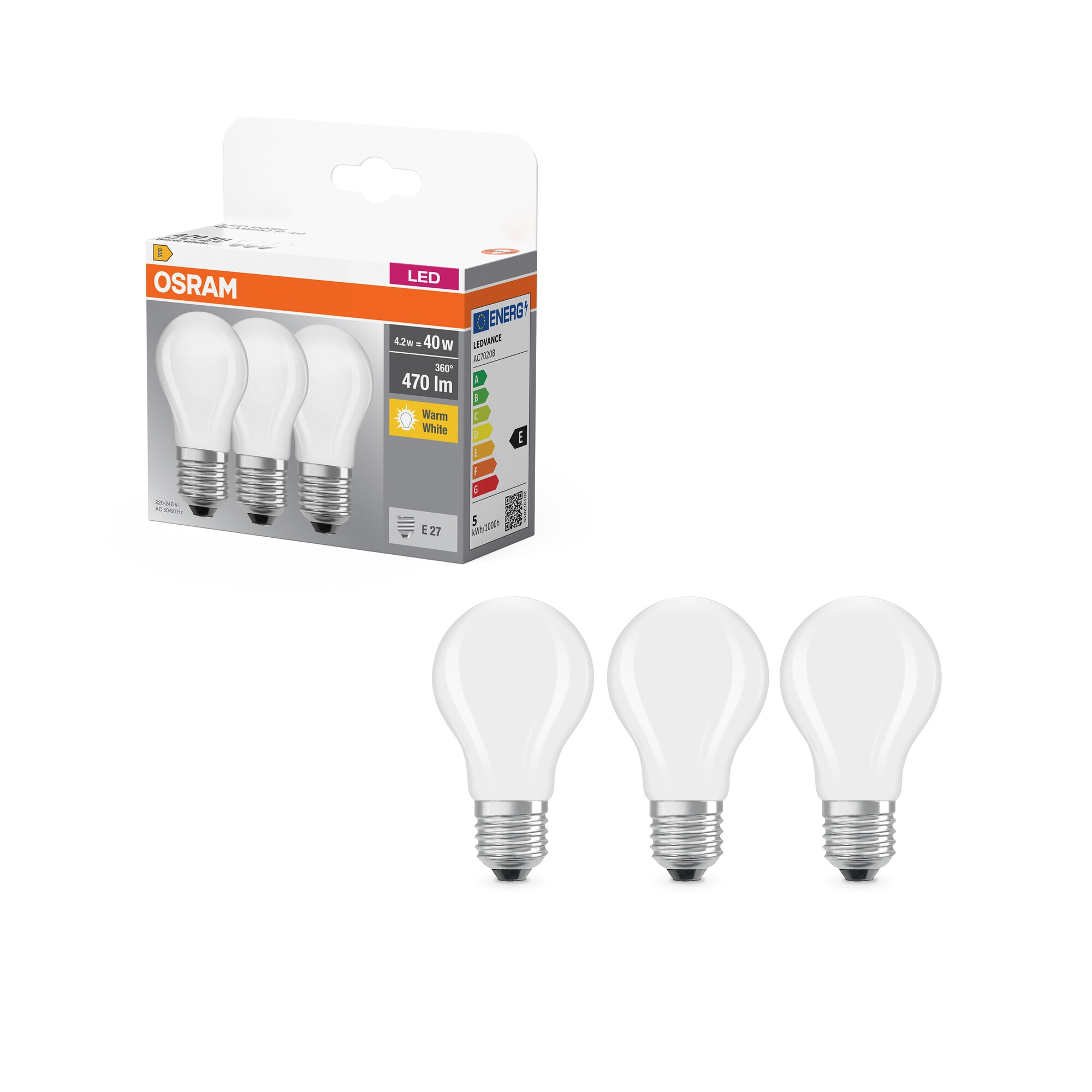 Pack de 3 Bombillas LED Esféricas Cristal Mate E27 4W Luz Cálida Osram Blanco-6