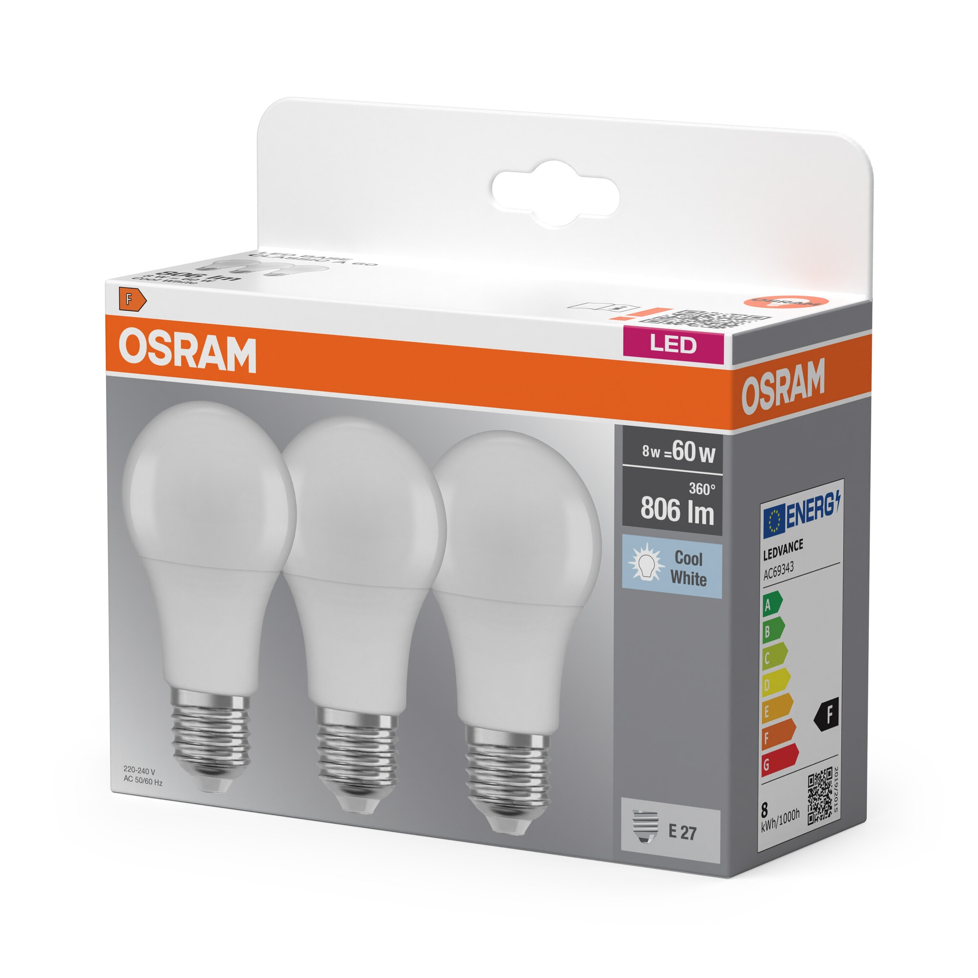 Pack de 3 lâmpadas LED padrão E27 8,5W Luz neutra Osram Branco-3