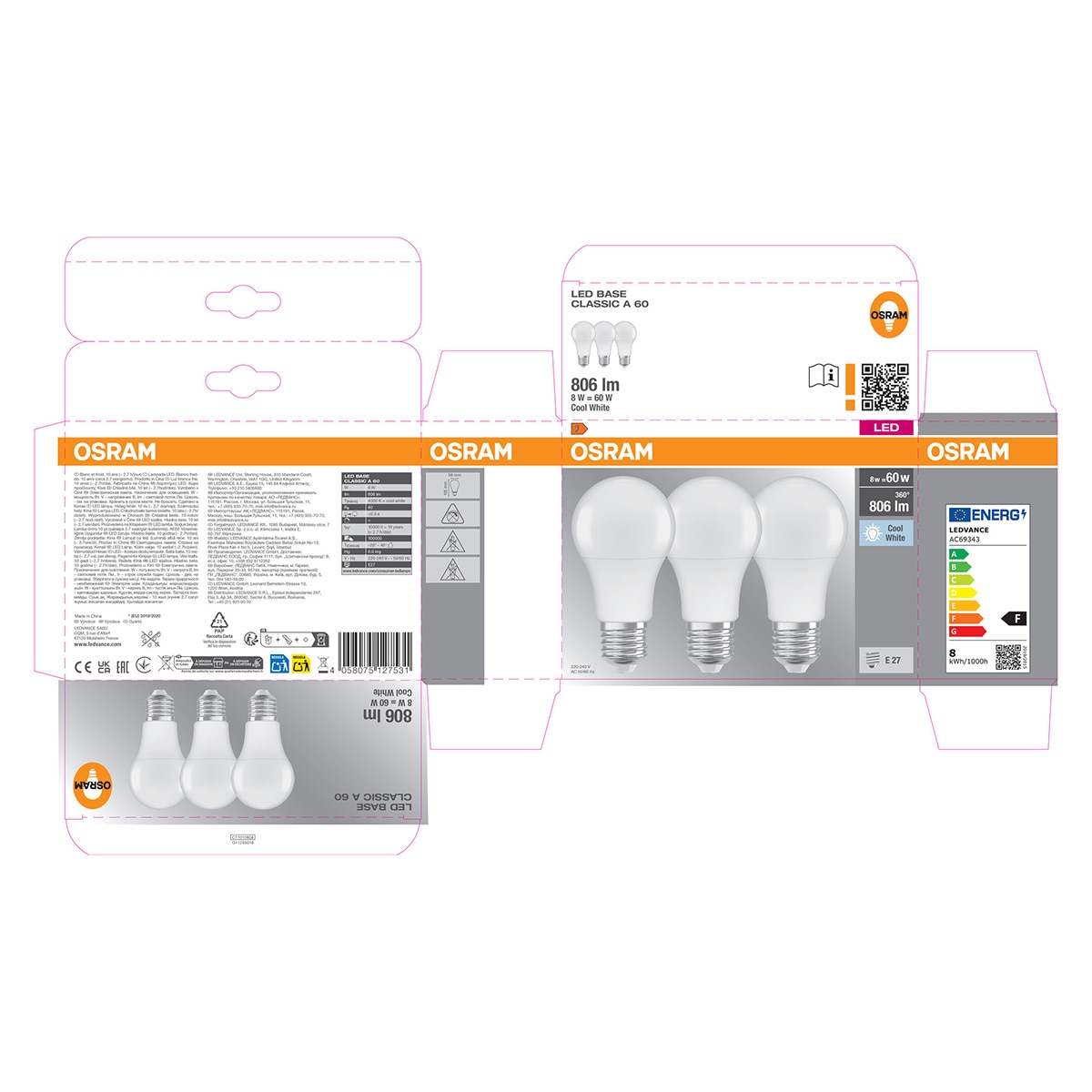 Pack de 3 lâmpadas LED padrão E27 8,5W Luz neutra Osram Branco-5