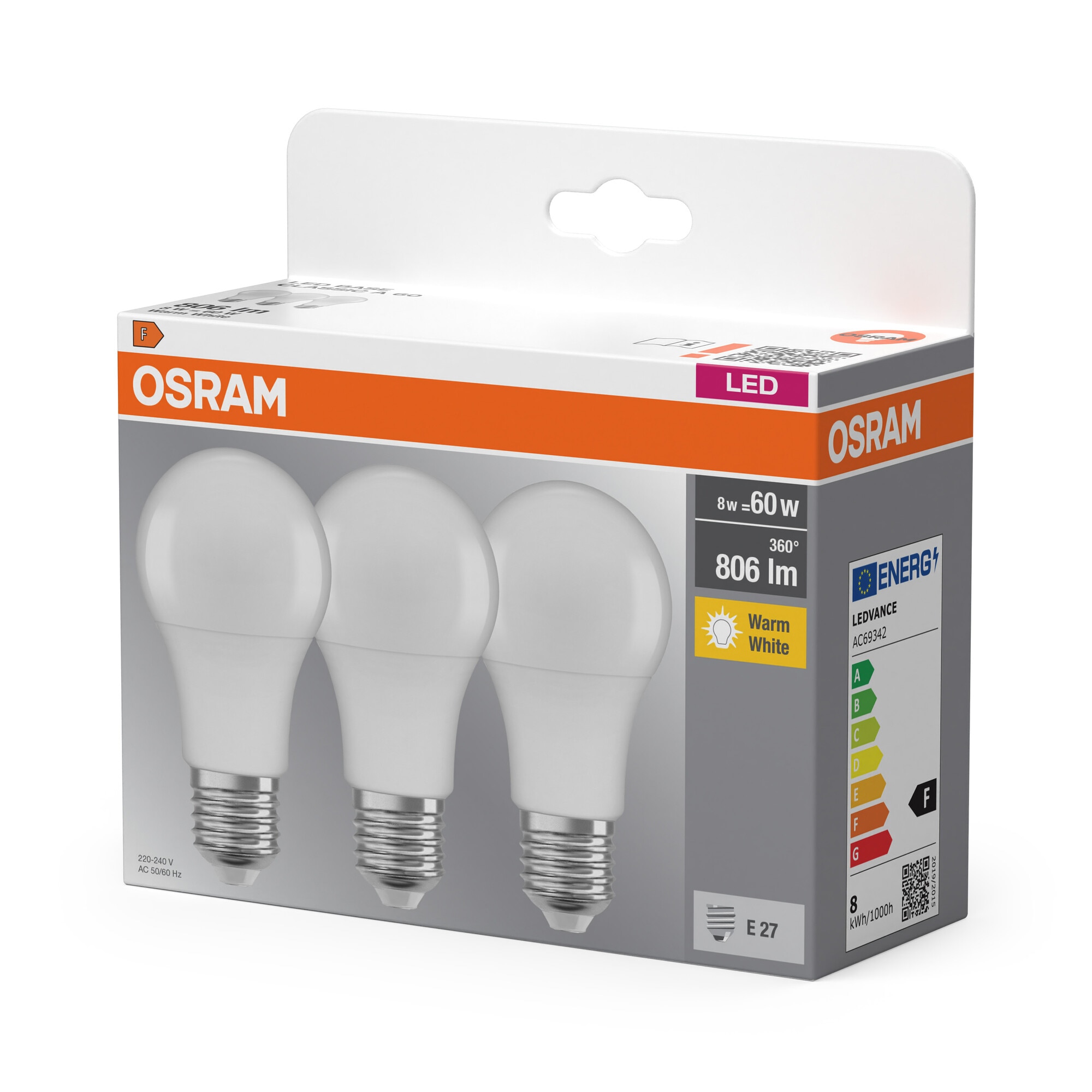 Pack de 3 Lâmpadas LED Padrão E27 8,5W Luz Morna Osram Branco-3