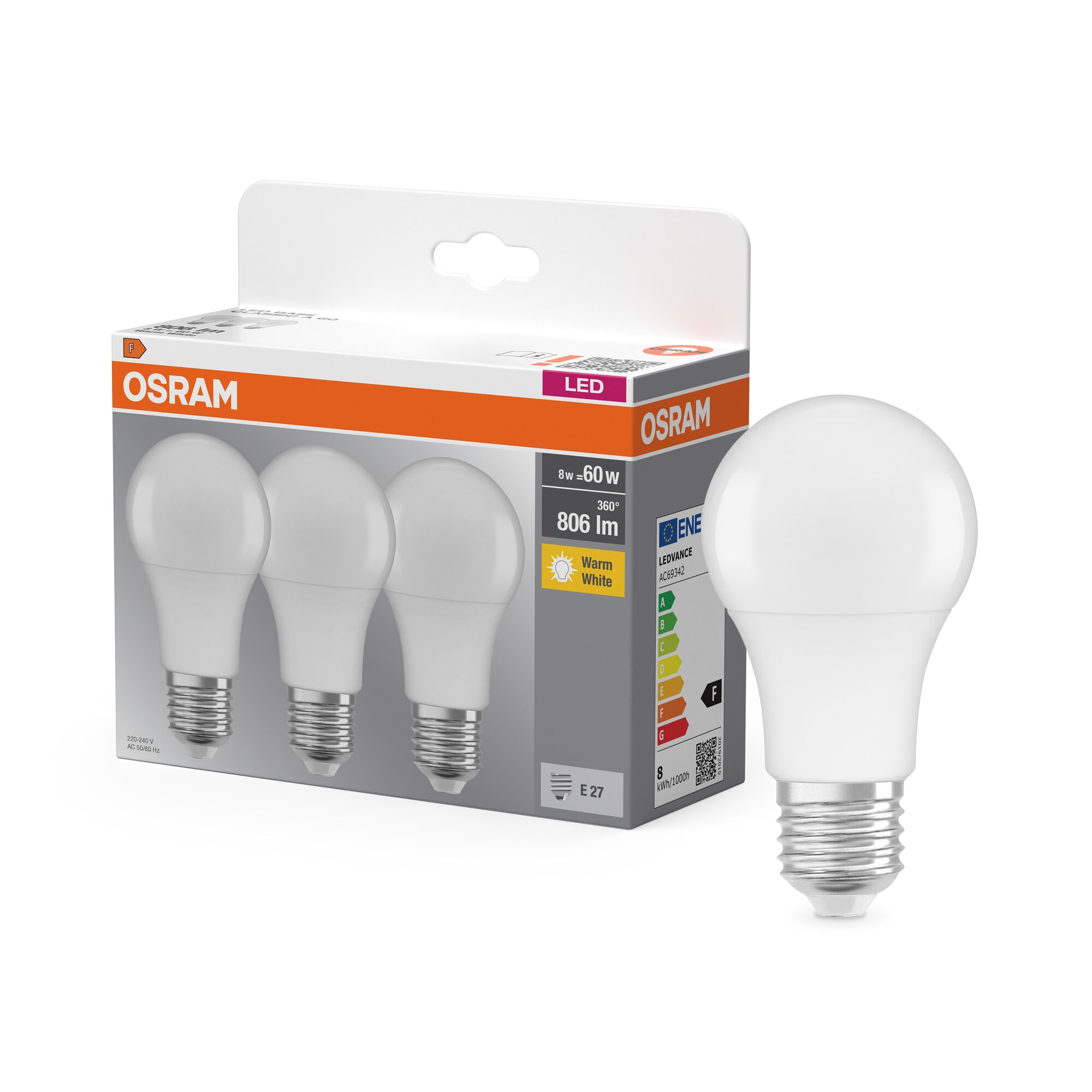 Pack de 3 Lâmpadas LED Padrão E27 8,5W Luz Morna Osram Branco-5