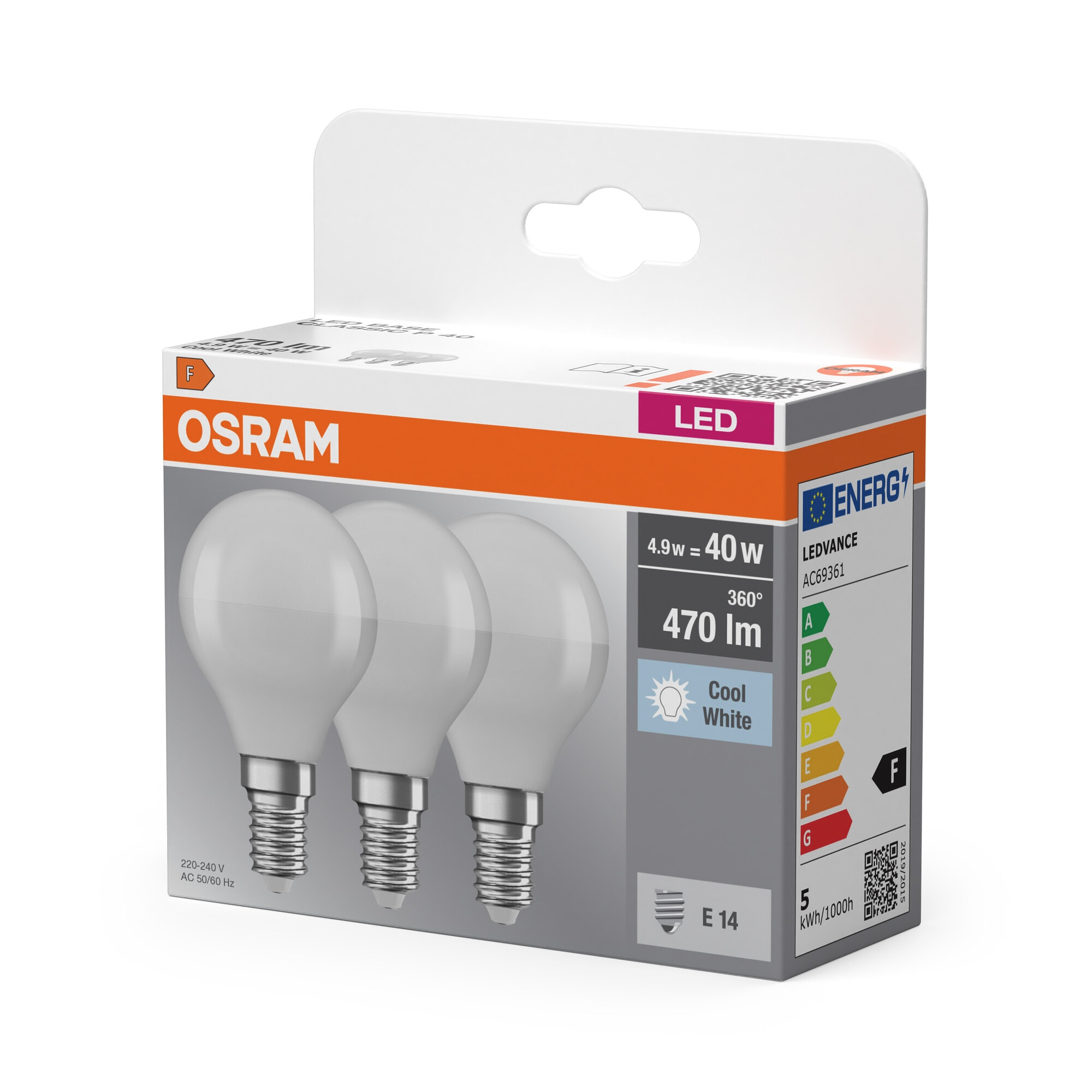 Pack de 3 lâmpadas LED esféricas E14 4,9W Luz Neutra Osram Branco-3