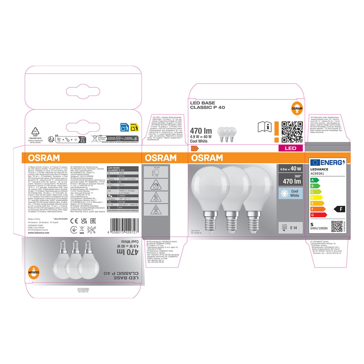Pack de 3 lâmpadas LED esféricas E14 4,9W Luz Neutra Osram Branco-5