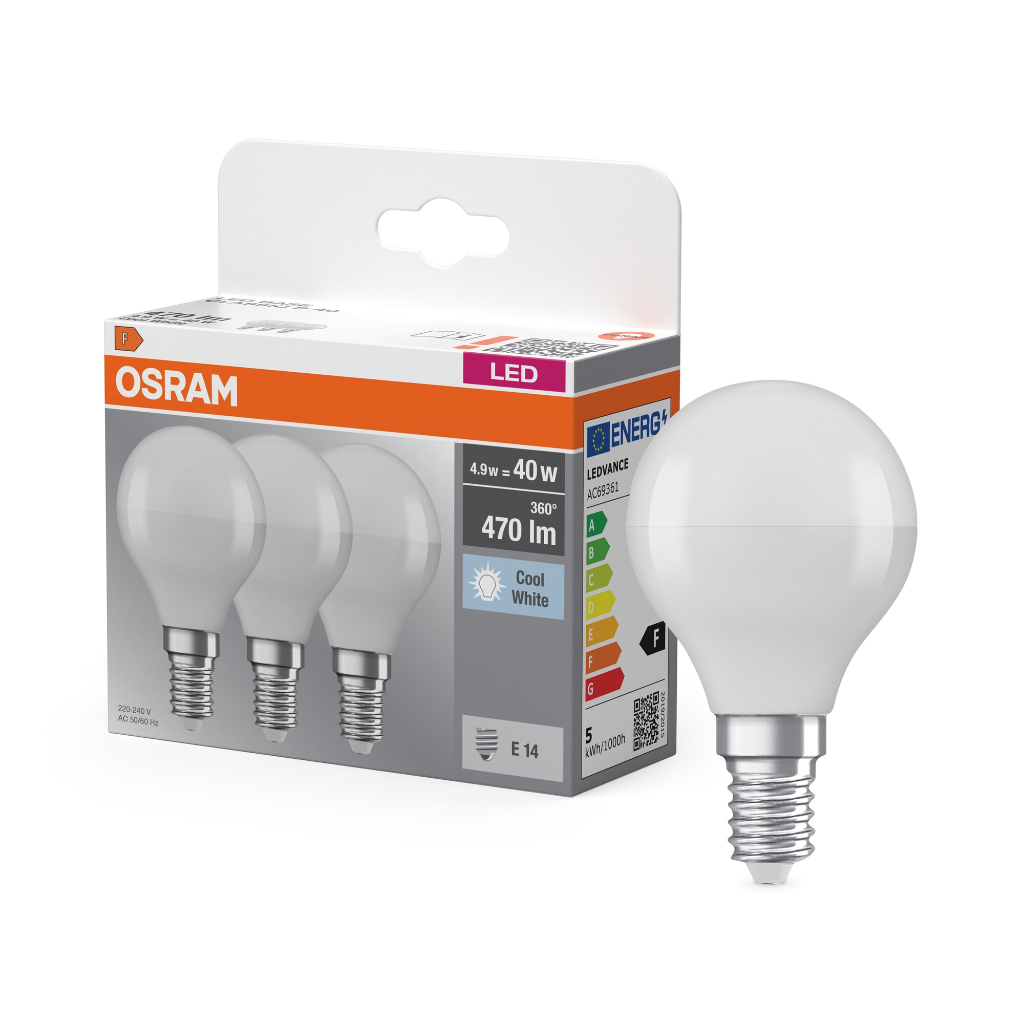 Pack de 3 lâmpadas LED esféricas E14 4,9W Luz Neutra Osram Branco-6