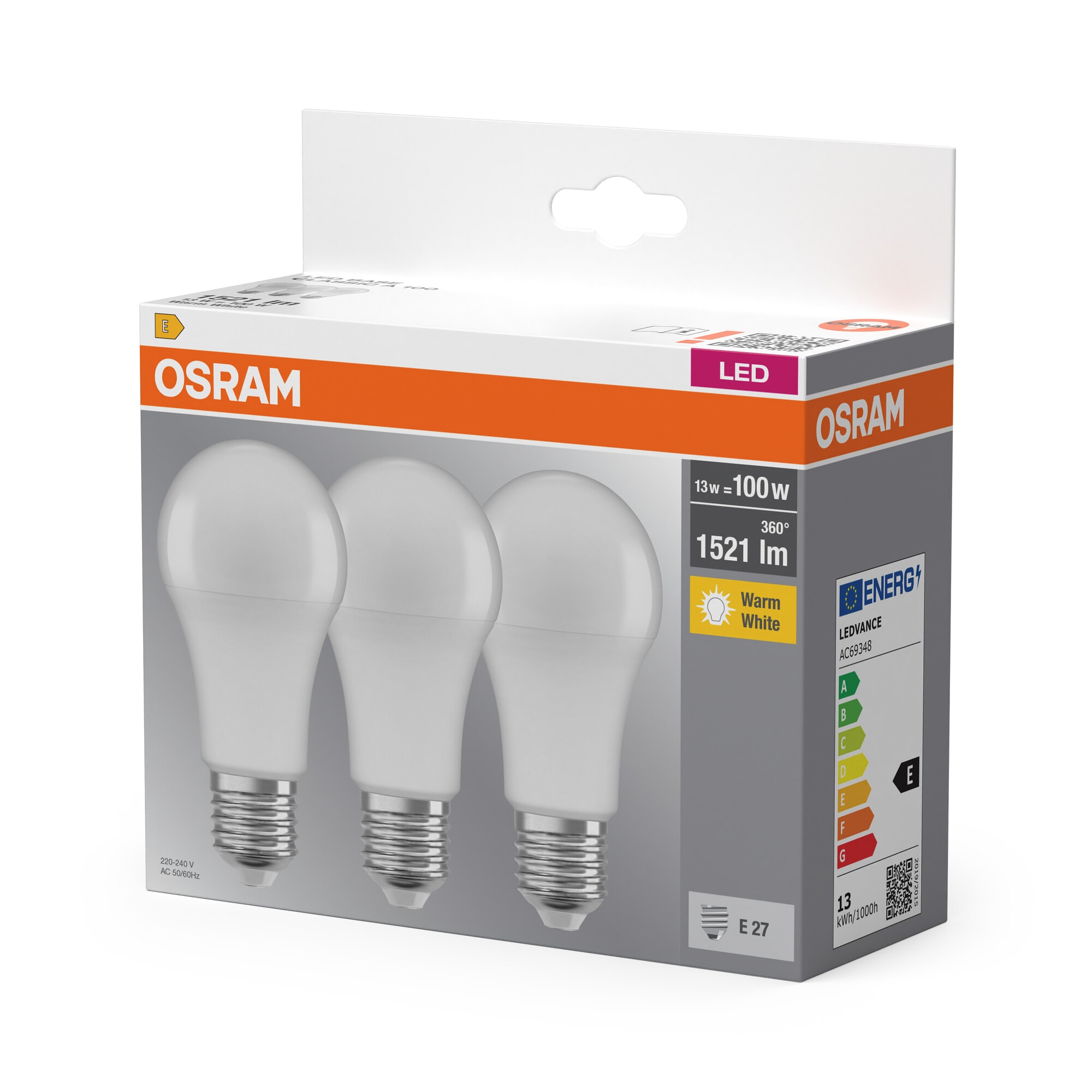 Pack de 3 lâmpadas LED padrão E27 13W Warm Light OSRAM Branco-2