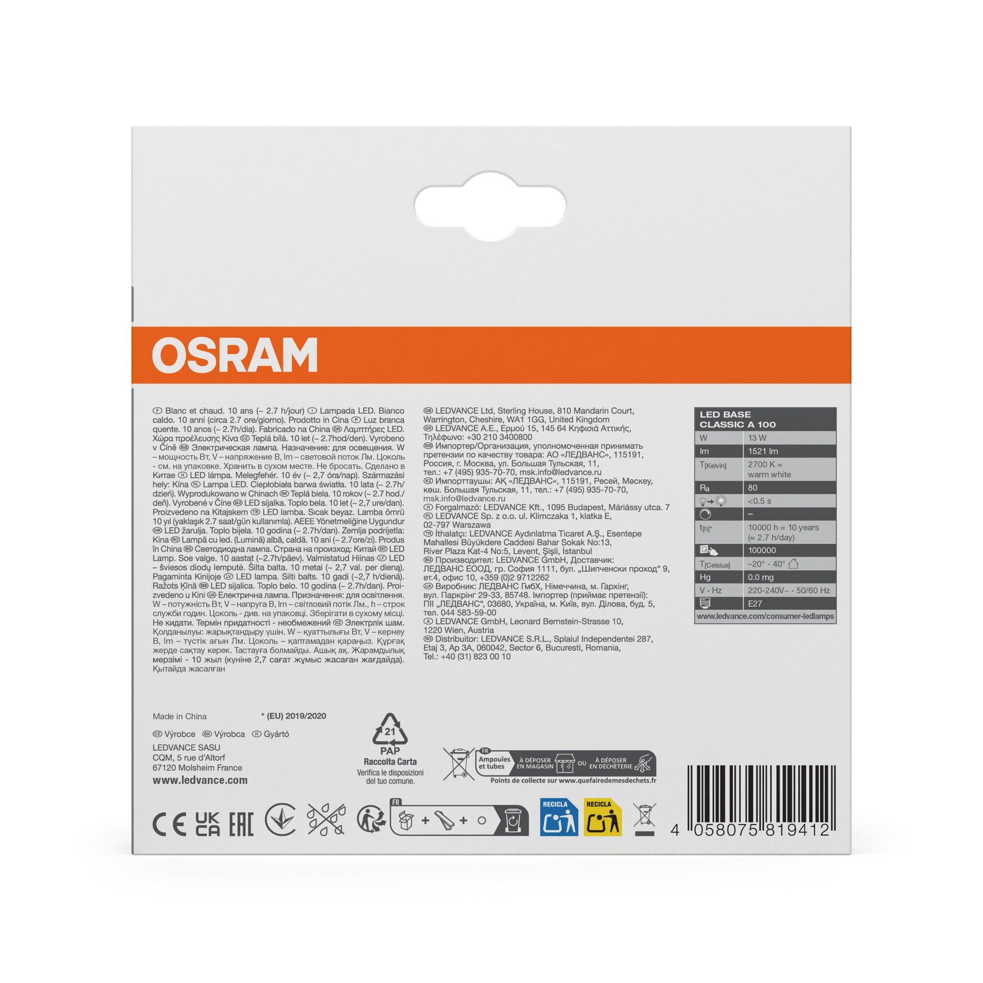 Pack de 3 lâmpadas LED padrão E27 13W Warm Light OSRAM Branco-3