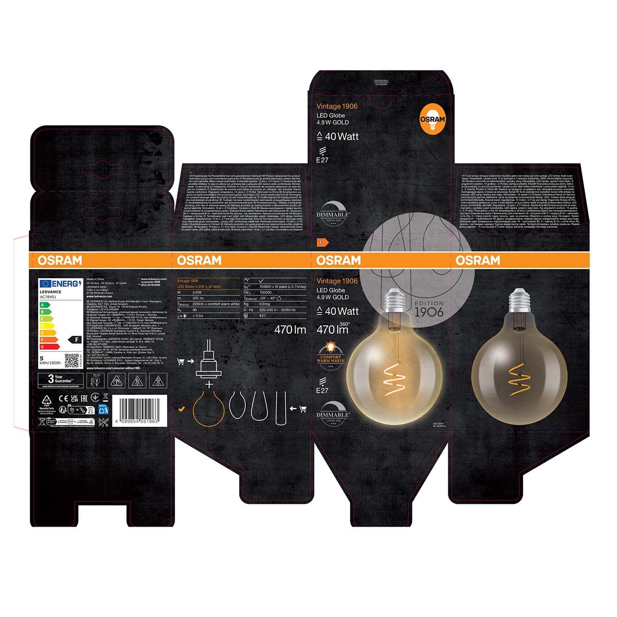 Lâmpada LED Globe Vintage 4.9W E27 2200K Transparente/Dourado-4