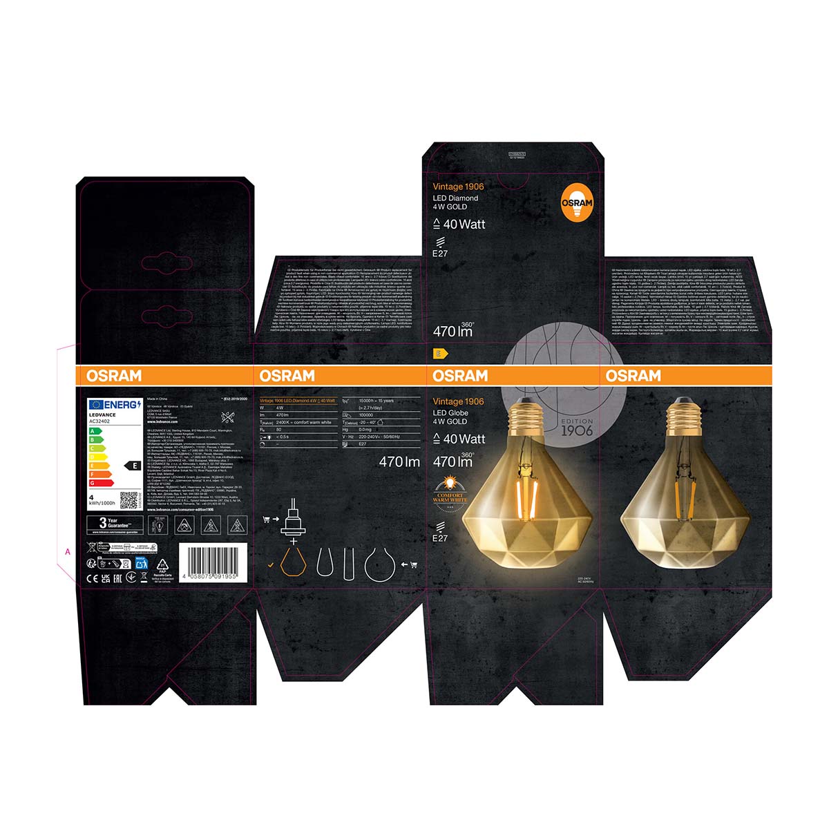 Bombilla LED 4W 2400K E27 Diamante Oro Dorado-6