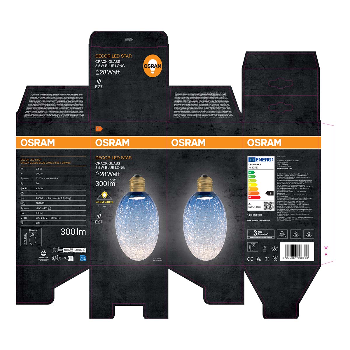 Bombilla LED Decorativa 3,5W 2700K E27 Cristal Azul Craquelado Ovalada Azul-5
