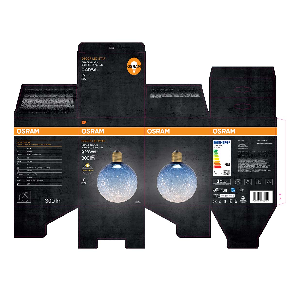 Lâmpada LED decorativa 3.5W 2700K E27 Vidro Azul Estalado Redondo Azul-5
