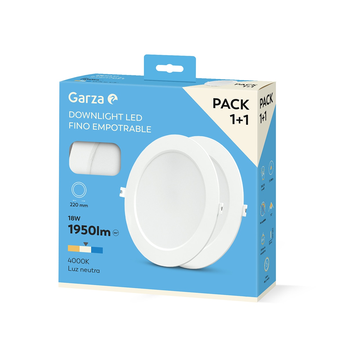 Downlight empotrable circular blanco acrílico GARZA extraplano 18W 1950LM 4000K. Pack 1+1 Blanco-3