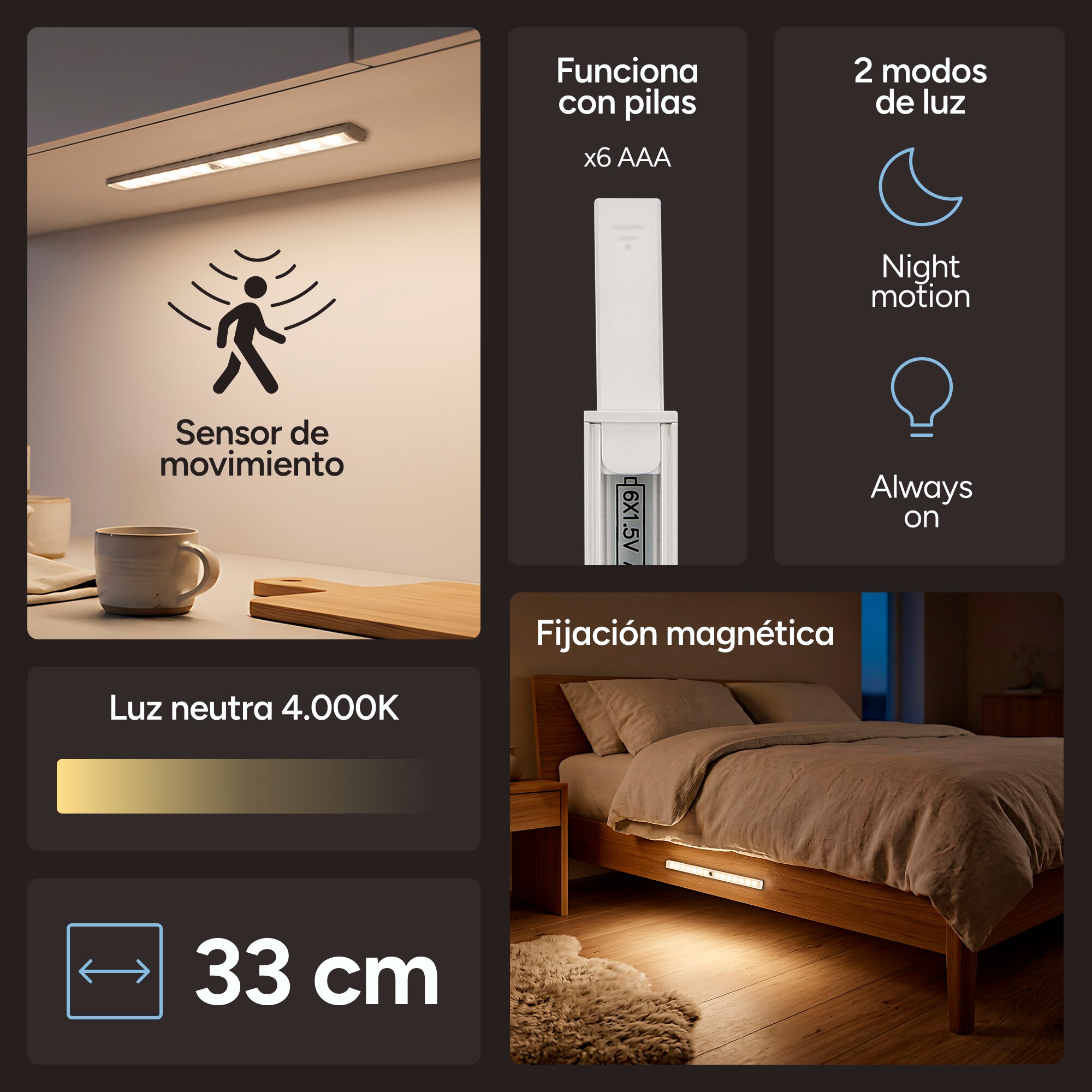 Luz LED Grace KSIXsix, 33 cm, Sensor inteligente, 80lm, 20 LEDs, Pilas Blanco-3