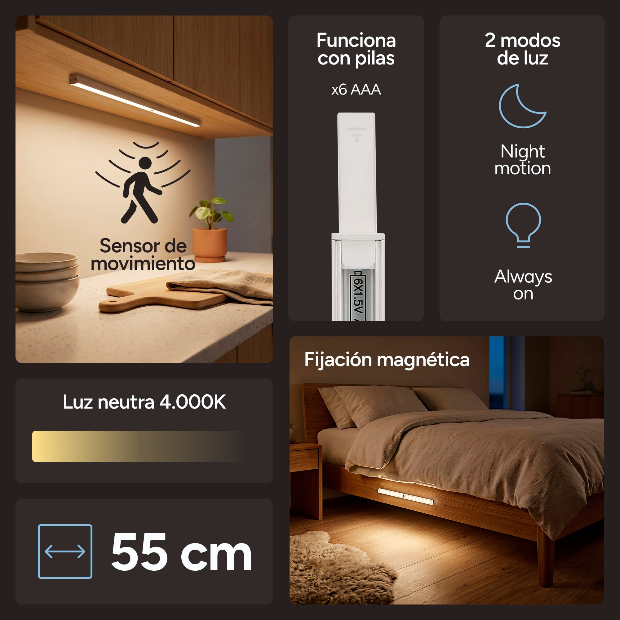 Luz LED Grace KSIX, 55 cm, Sensor inteligente, 120lm, 32 LEDs, Pilas Blanco-3
