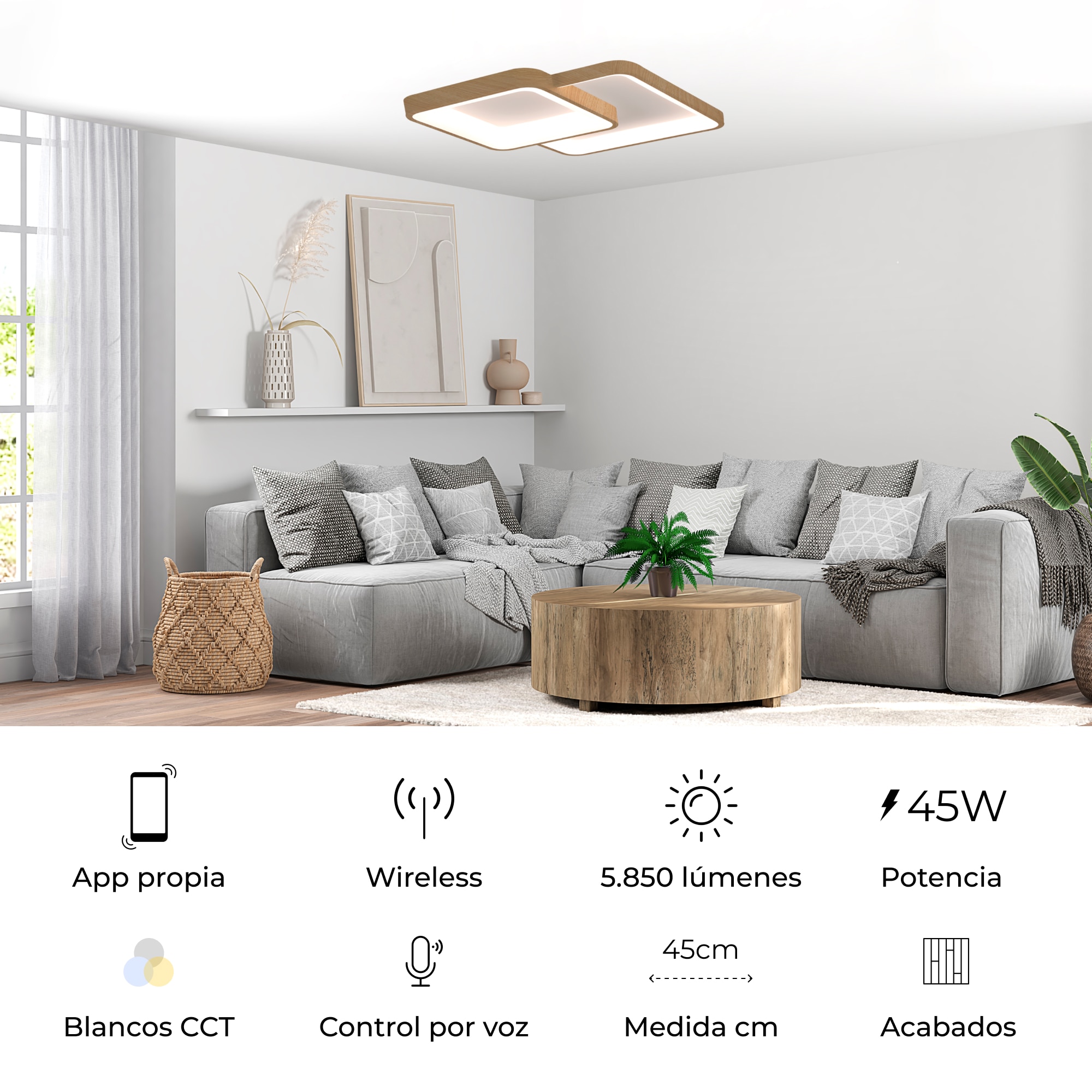 Plafón Inteligente SmartLED Madera Phenomena CCT Ø45 cm 45W 5850 lm Blanco / Marrón-3
