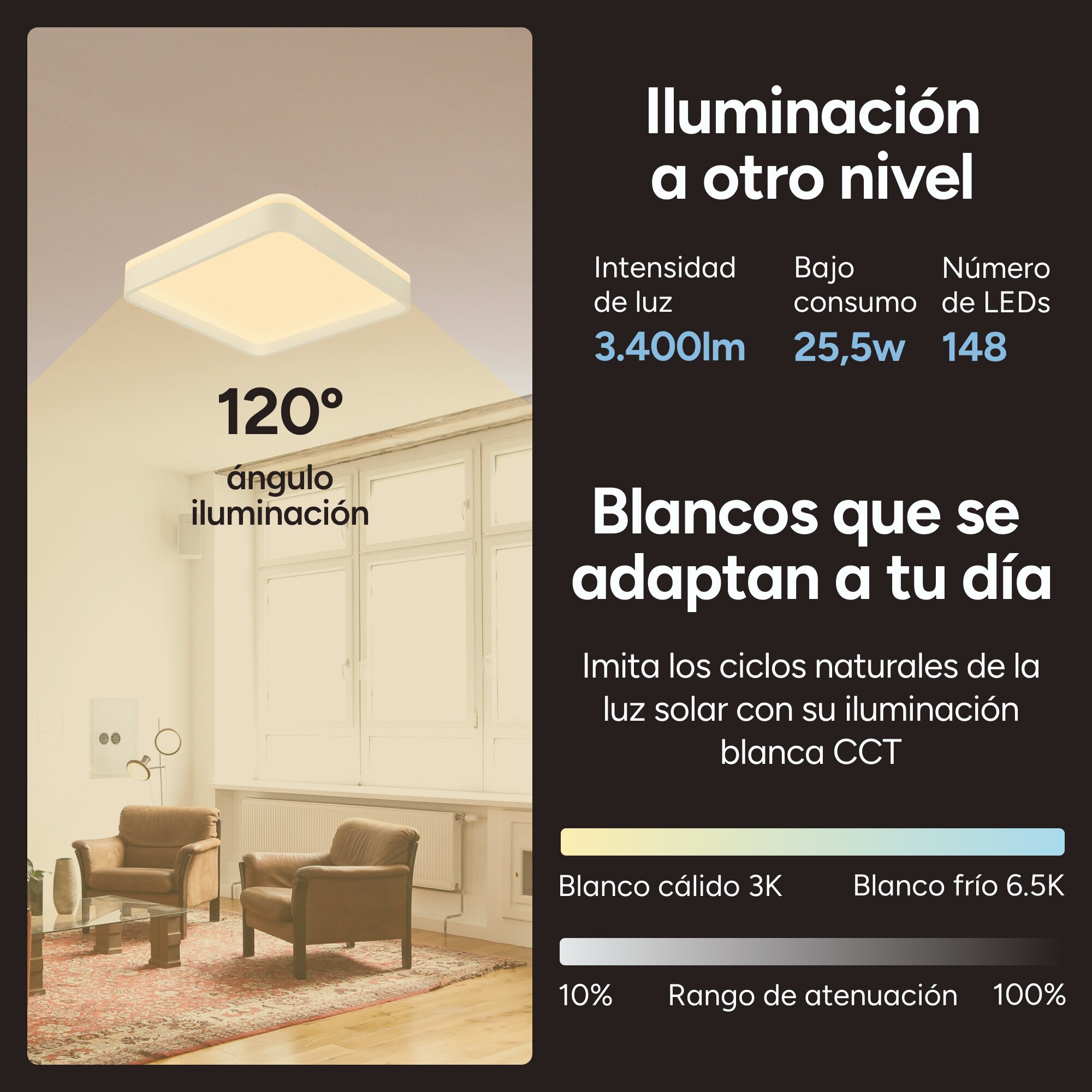 Plafón SmartLED KSIX Stellar, RGBIC + CCT, 38,5x38,5x8,5cm, 3400 lm, 25,5W Blanco-5