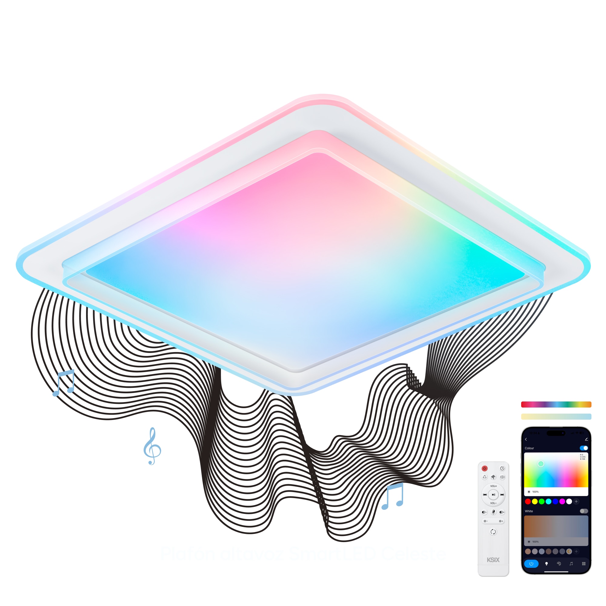 Imagen 0 de Plafón SmartLED KSIX Celeste,  Altavoz, RGBIC + CCT, 48,5 x 48,5 x 9 cm, 4450 lm, 35W