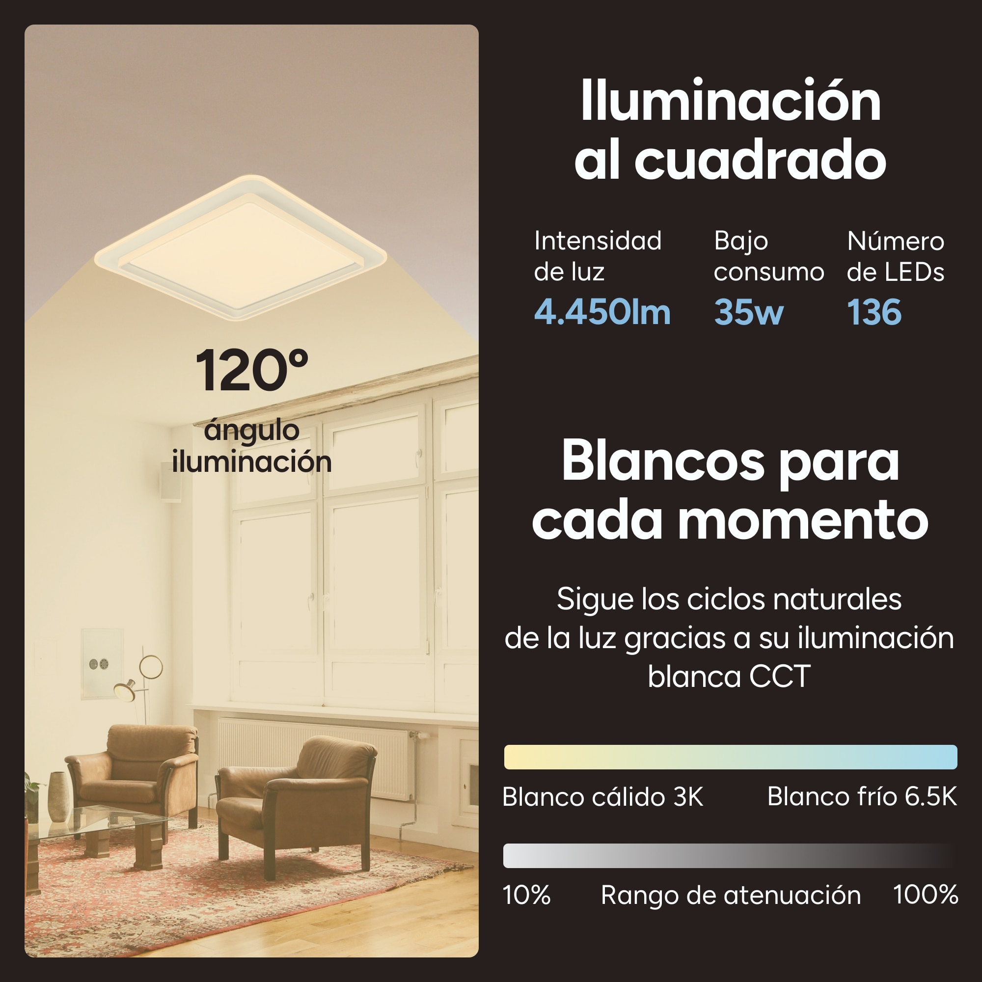Plafón SmartLED KSIX Celeste, Altavoz, RGBIC + CCT, 48,5 x 48,5 x 9 cm, 4450 lm, 35W Blanco-5