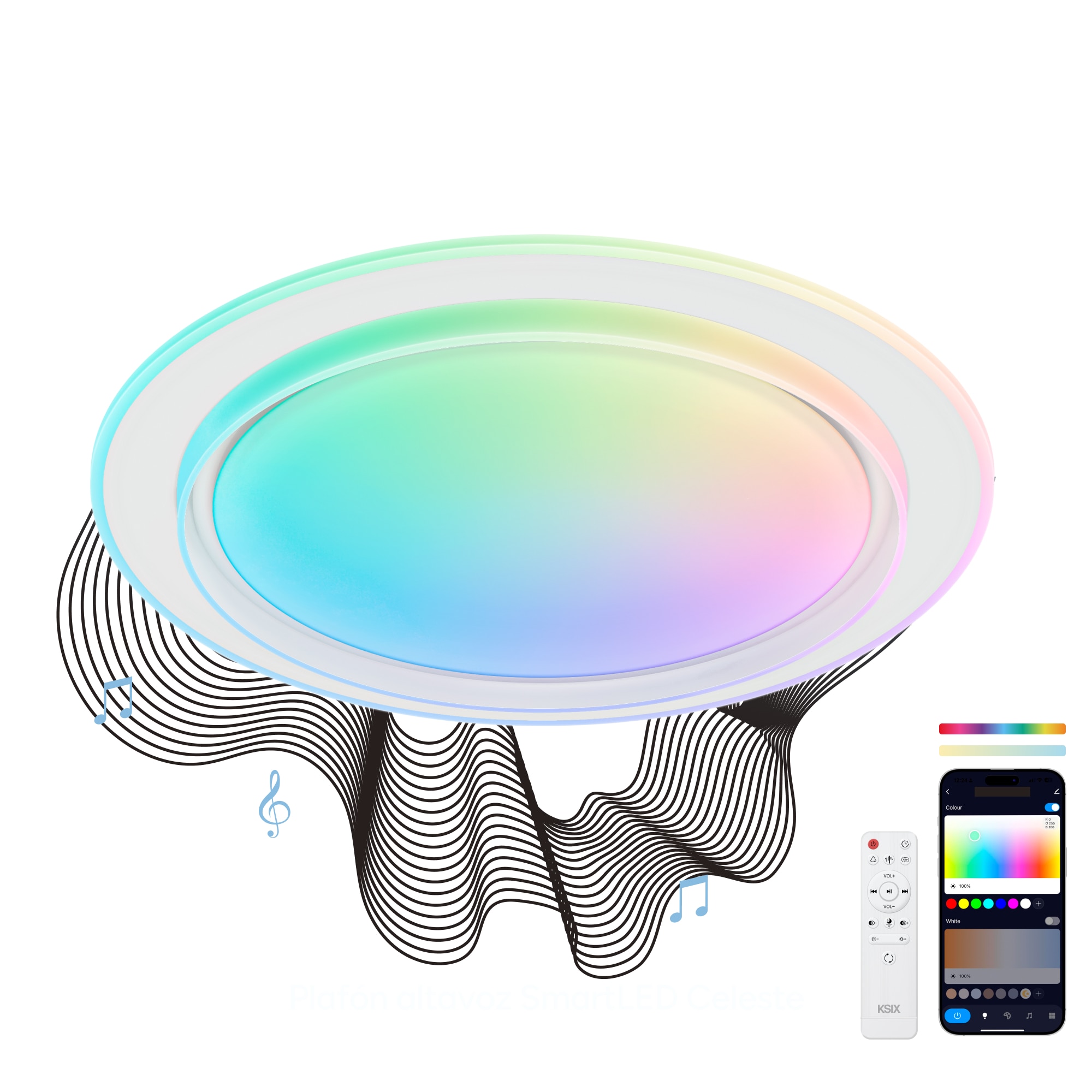 Imagen 0 de Plafón SmartLED KSIX Sfera,  Altavoz, RGBIC + CCT, Ø49x8cm, 4500 lm, 34,9 W