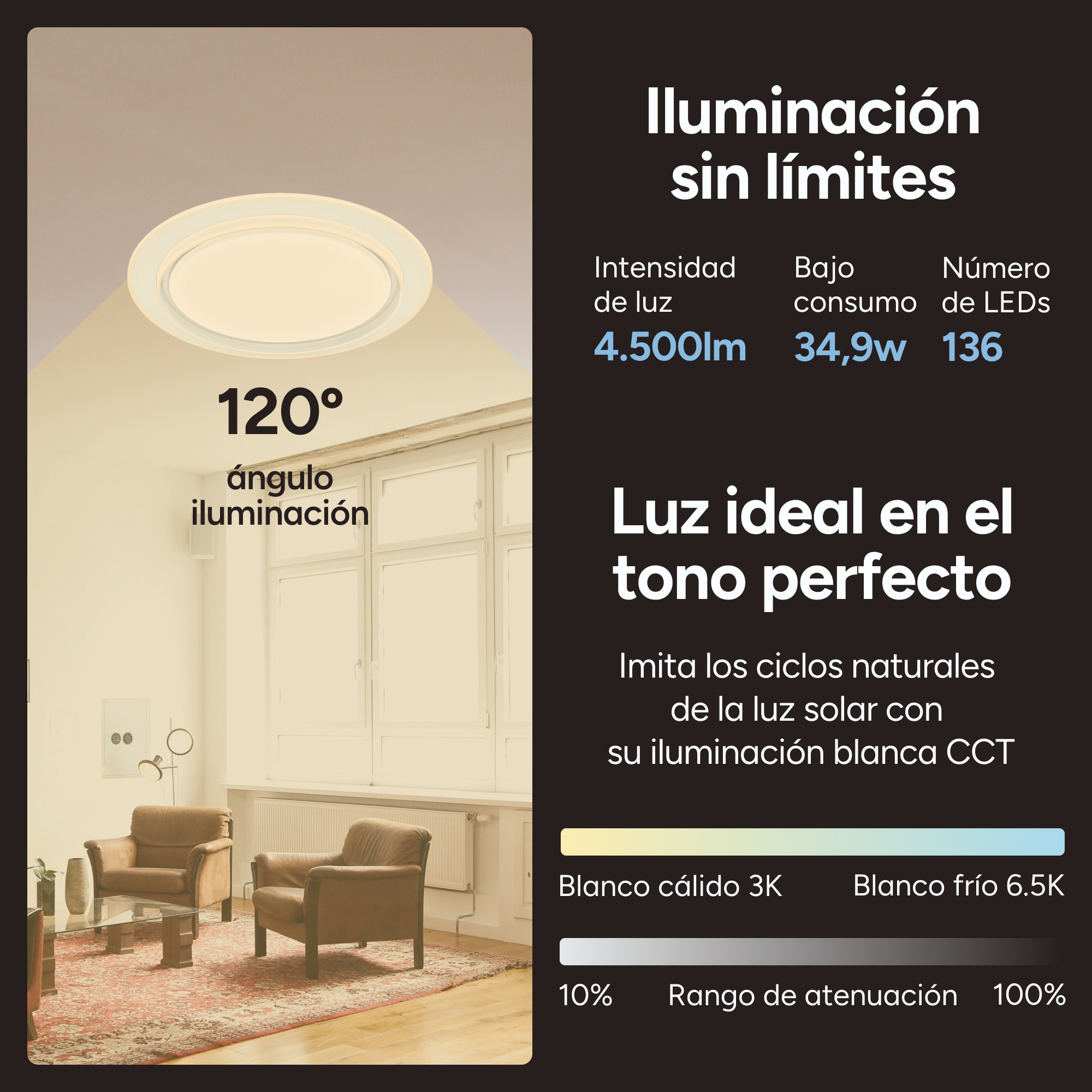 Plafón SmartLED KSIX Sfera, Altavoz, RGBIC + CCT, Ø49x8cm, 4500 lm, 34,9 W Blanco-5